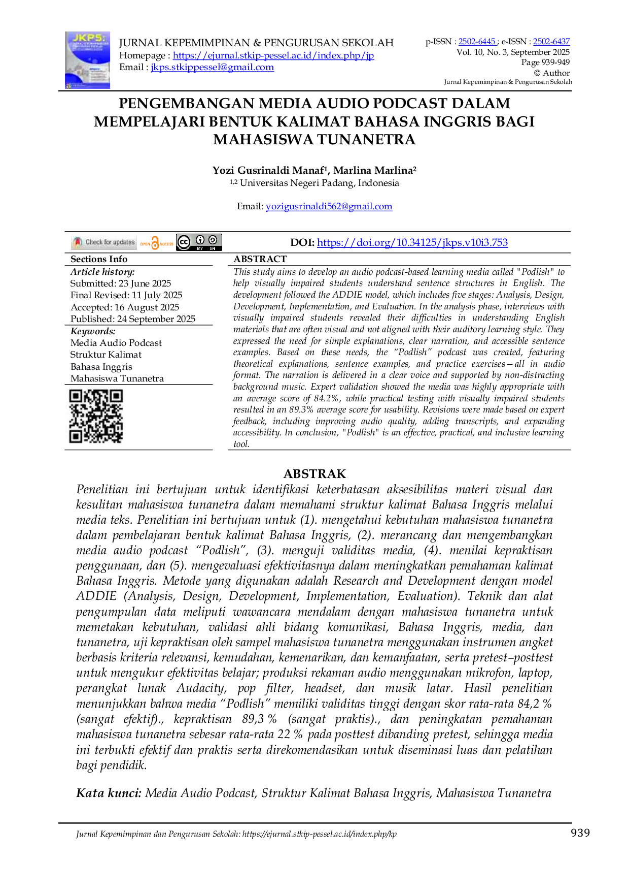 JURIS PENGEMBANGAN MEDIA AUDIO PODCAST DALAM MEMPELAJARI BENTUK KALIMAT BAHASA INGGRIS BAGI MAHASISWA TUNANETRA