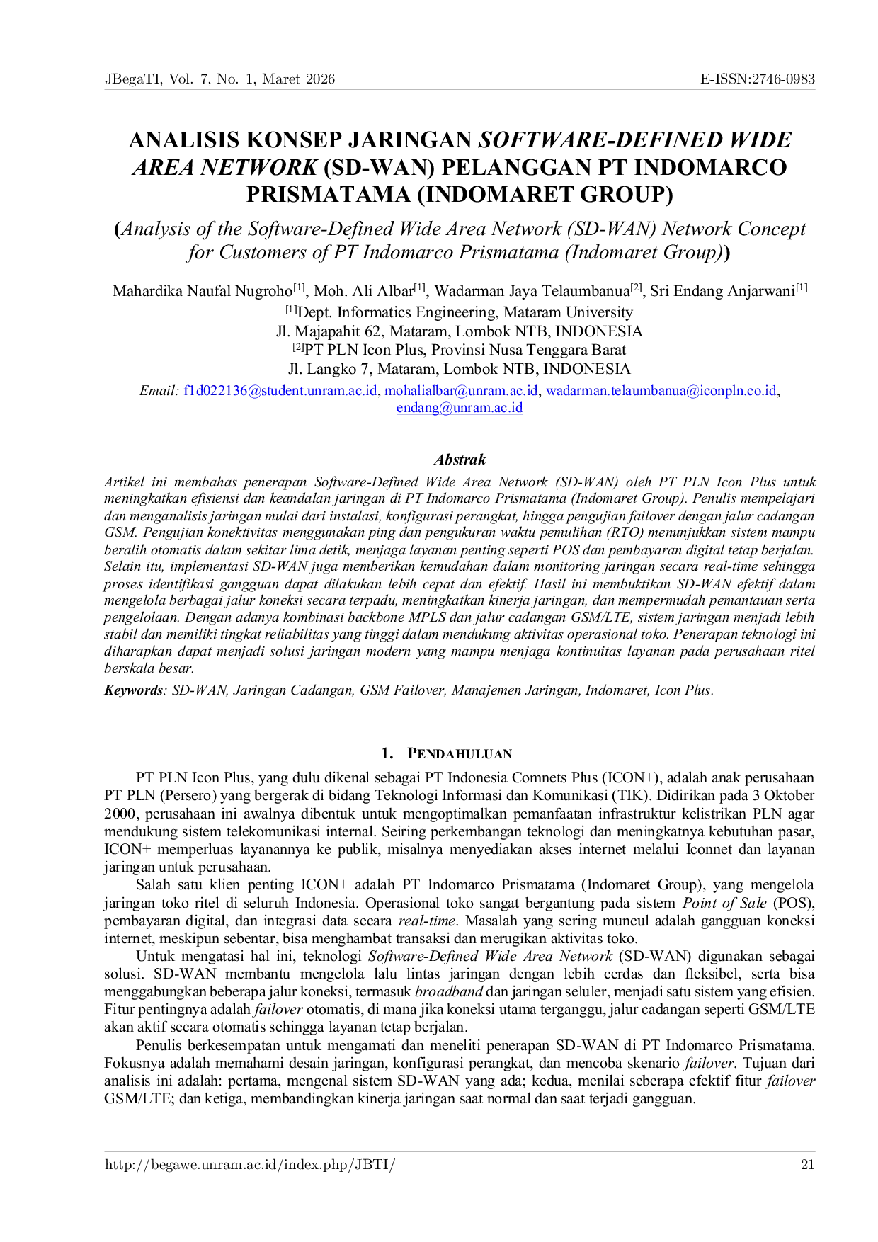 JURIS Analysis of the Software Defined Wide Area Network SD WAN Network Concept for Customers of PT Indomarco Prismatama Indomaret Group