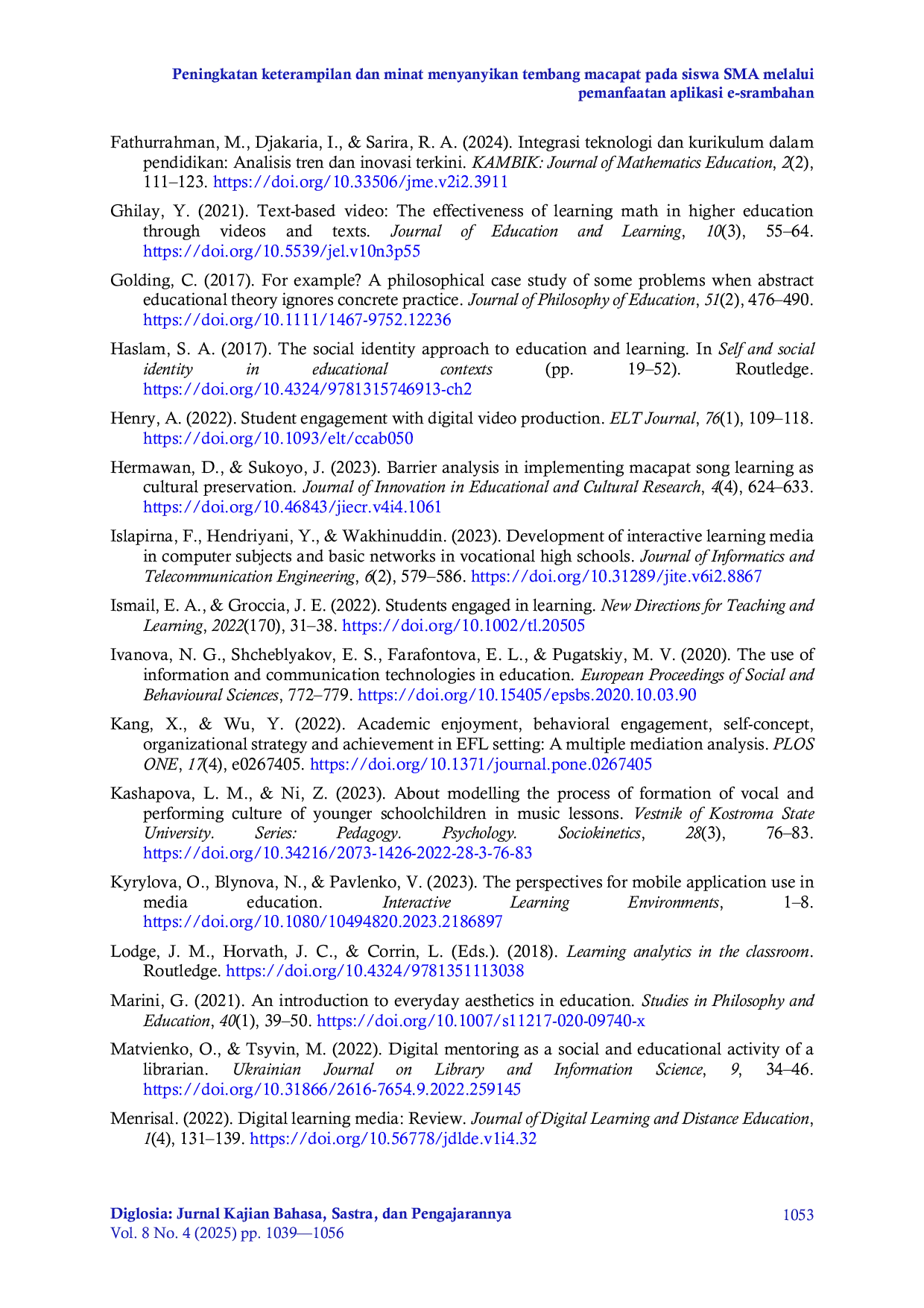 JURIS Peningkatan keterampilan dan minat menyanyikan tembang macapat pada siswa SMA melalui pemanfaatan aplikasi e srambahan