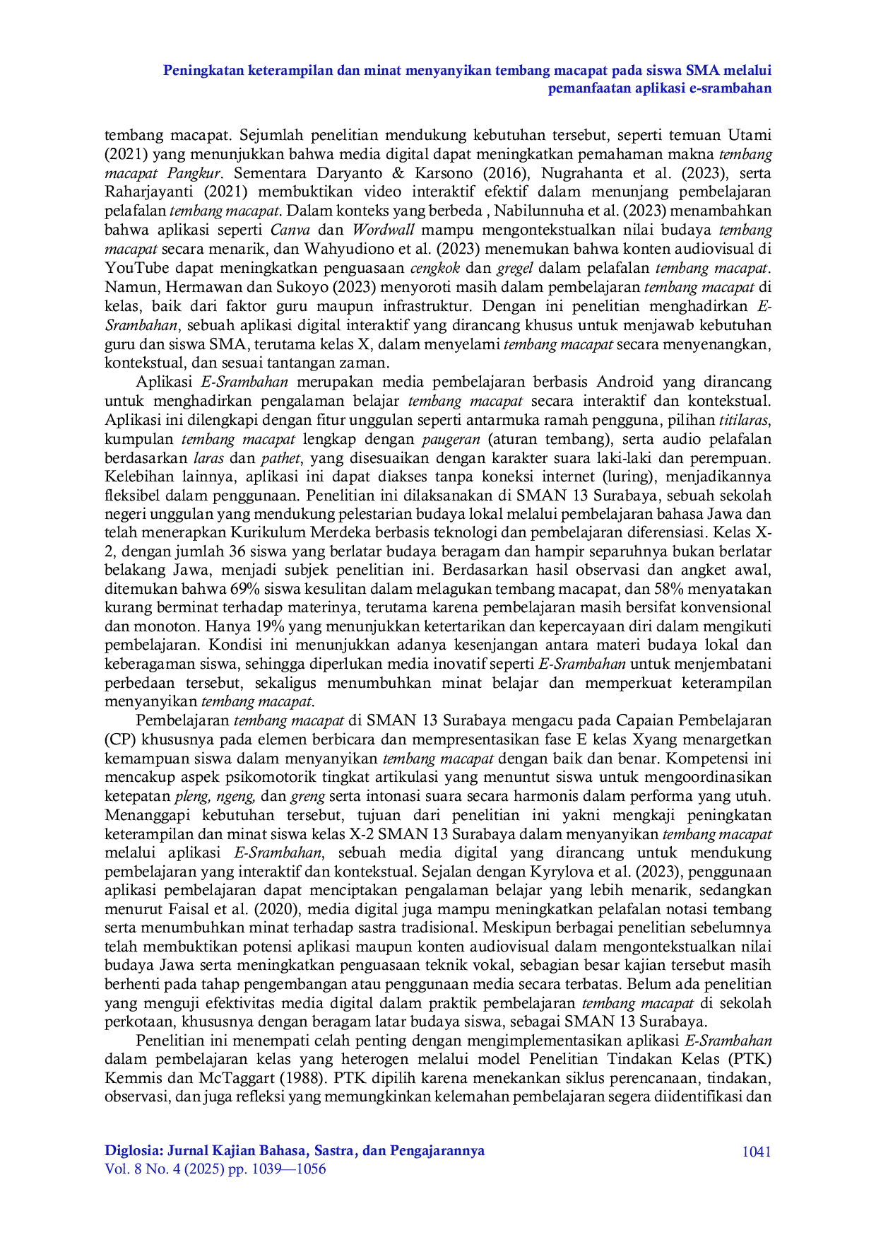 JURIS Peningkatan keterampilan dan minat menyanyikan tembang macapat pada siswa SMA melalui pemanfaatan aplikasi e srambahan