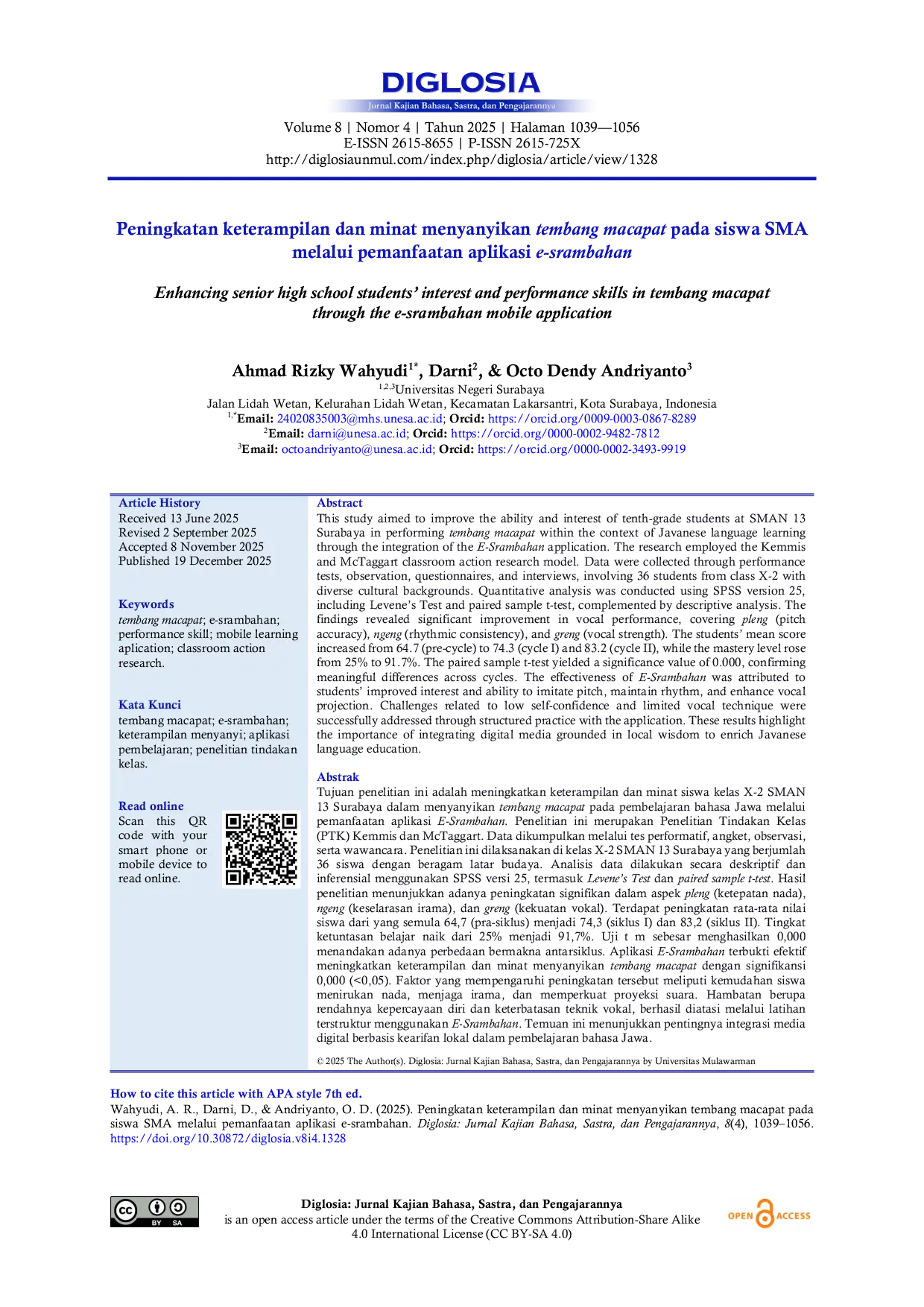 JURIS Peningkatan keterampilan dan minat menyanyikan tembang macapat pada siswa SMA melalui pemanfaatan aplikasi e srambahan