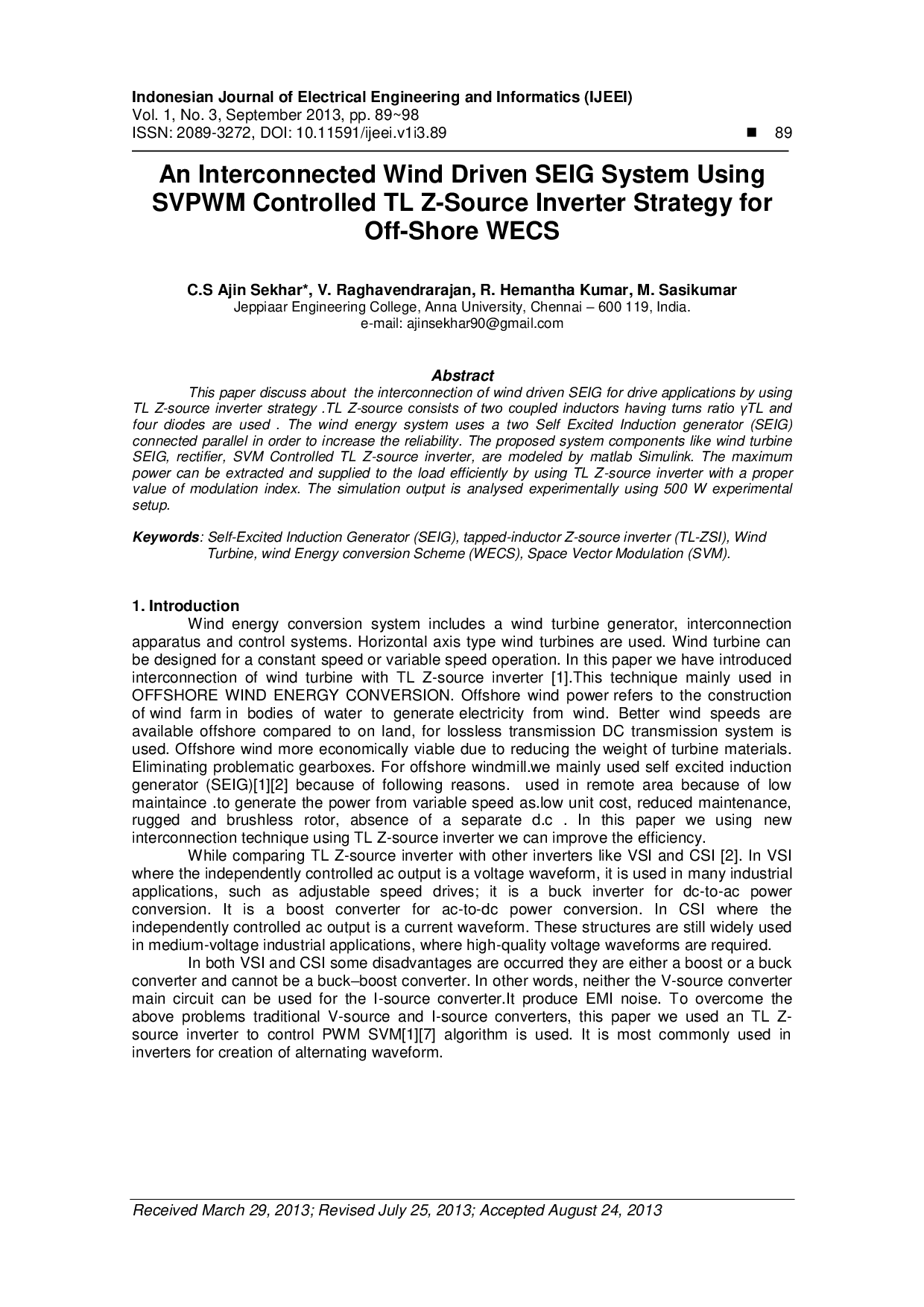 JURIS An Interconnected Wind Driven SEIG System Using SVPWM Controlled TL Z Source Inverter Strategy for Off Shore WECS