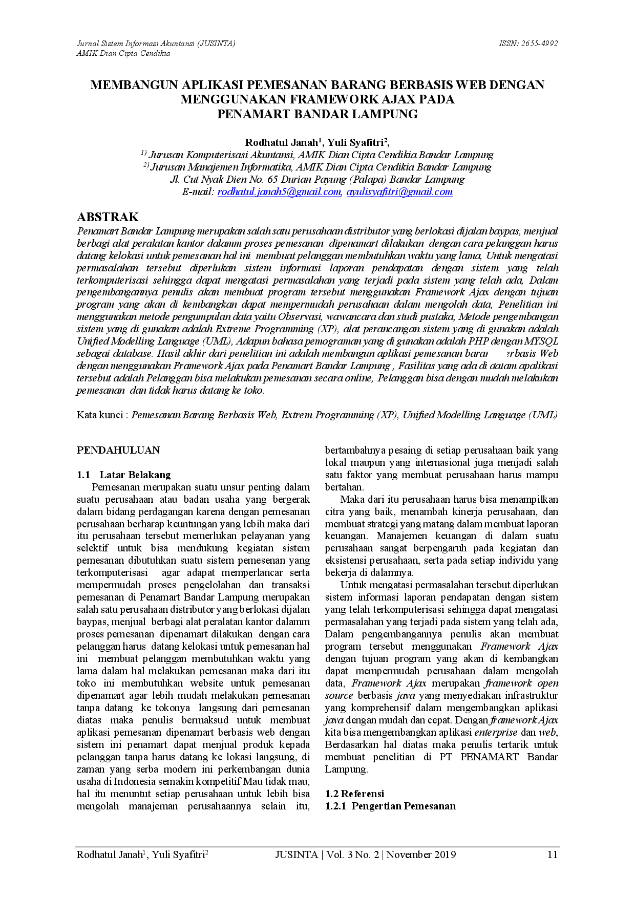 JURIS Membangun Aplikasi Pemesanan Barang Berbasis Web Dengan Menggunakan Framework Ajax Pada Penamart Bandar Lampung