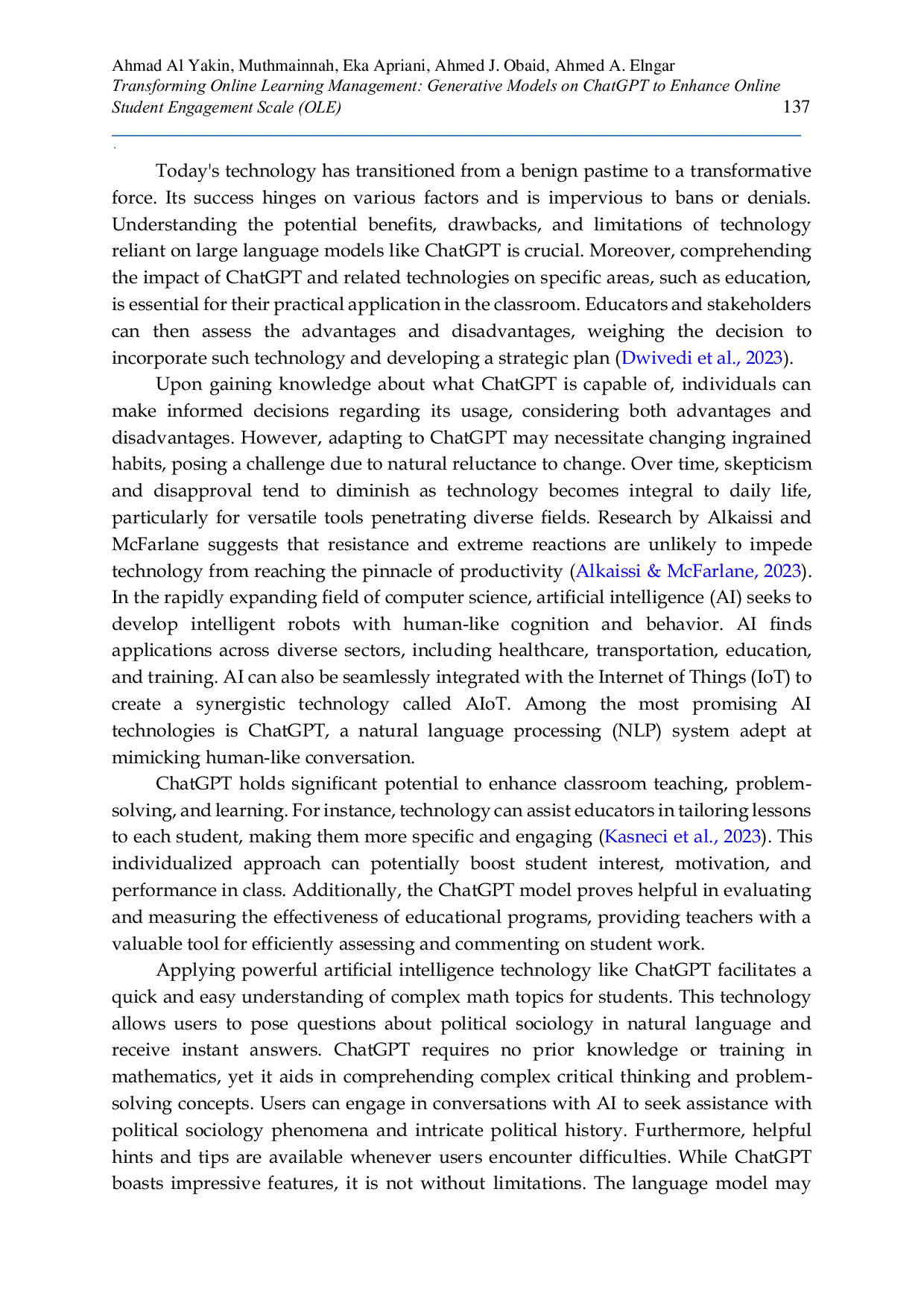 JURIS Transforming Online Learning Management Generative Models on ChatGPT to Enhance Online Student Engagement Scale OLE