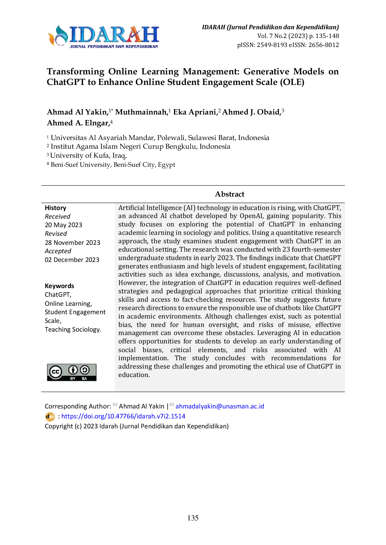JURIS Transforming Online Learning Management Generative Models on ChatGPT to Enhance Online Student Engagement Scale OLE