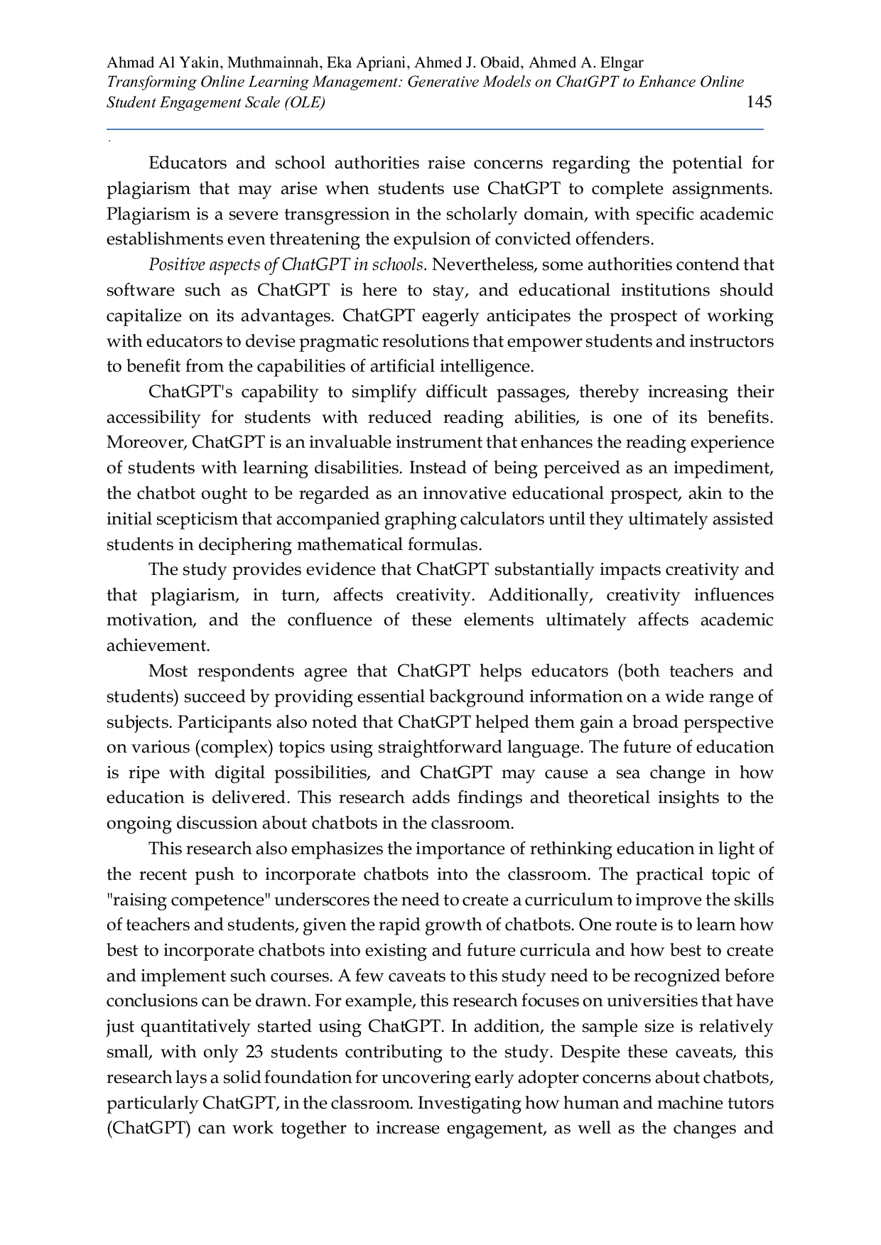 JURIS Transforming Online Learning Management Generative Models on ChatGPT to Enhance Online Student Engagement Scale OLE