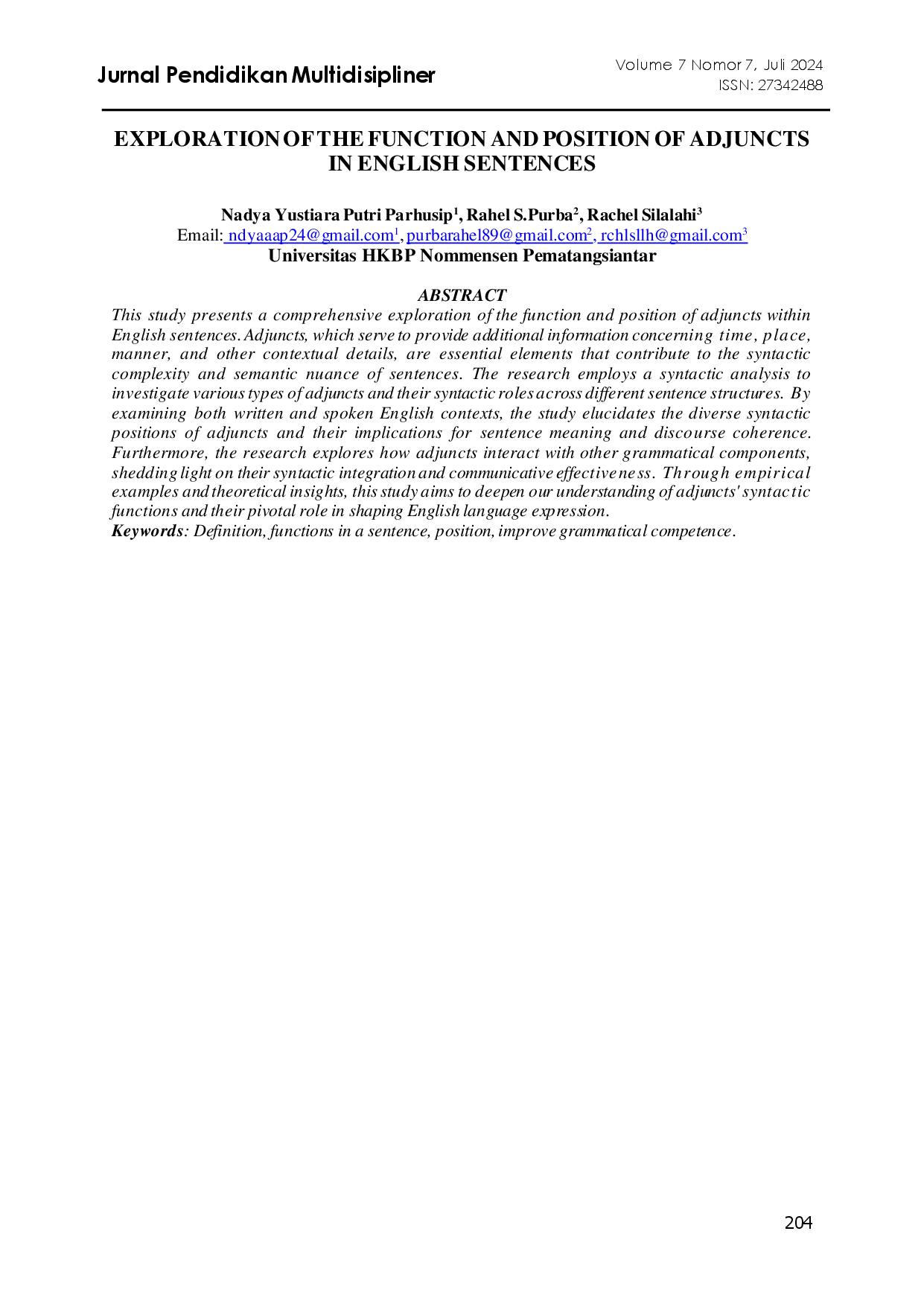 juris Exploration of the Function and Position of Adjuncts in English Sentences