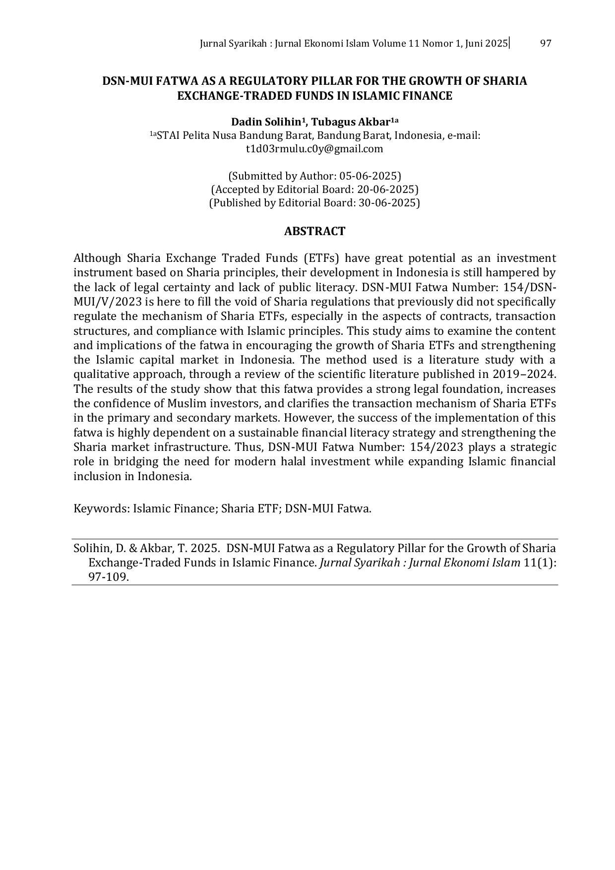 JURIS DSN MUI Fatwa as a Regulatory Pillar for the Growth of Sharia Exchange Traded Funds in Islamic Finance
