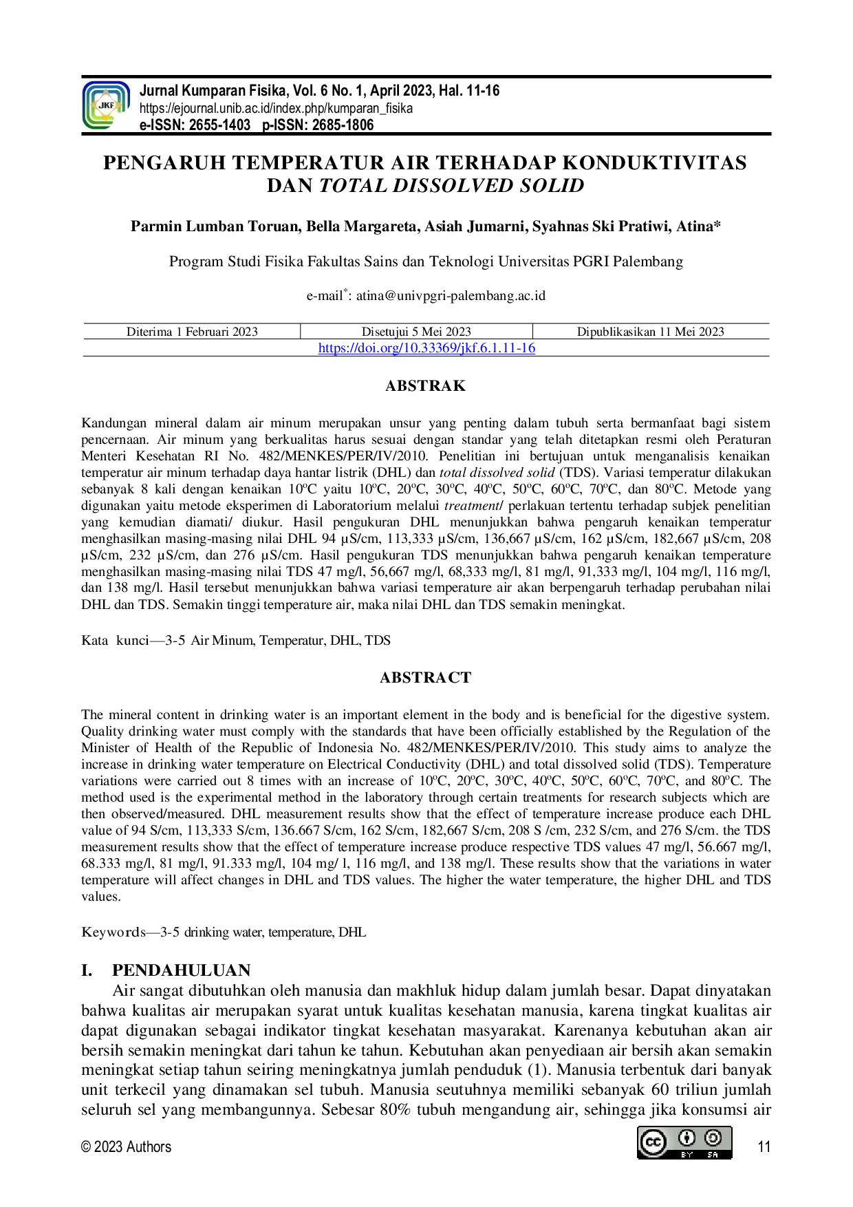 JURIS Pengaruh Temperatur Air Terhadap Konduktivitas Dan Total Dissolved Solid
