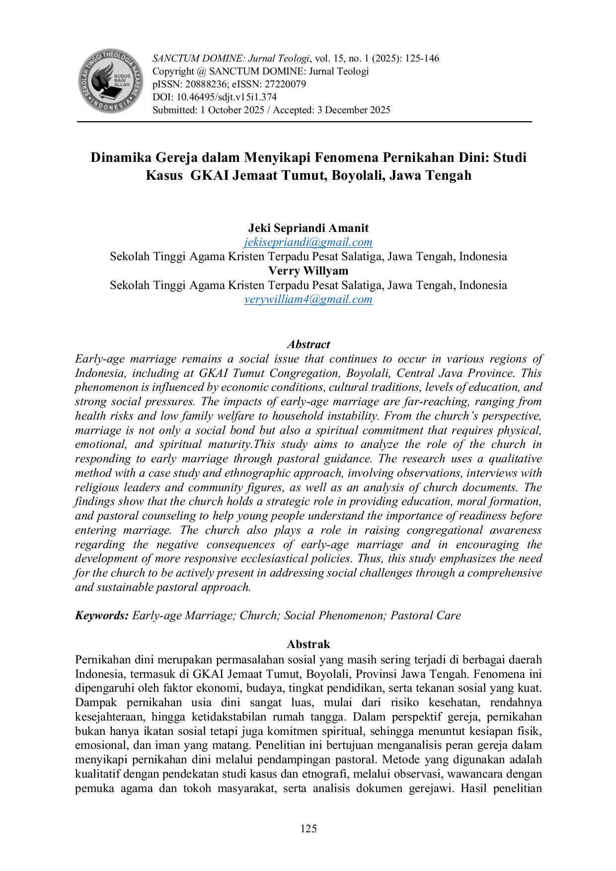 JURIS Dinamika Gereja dalam Menyikapi Fenomena Pernikahan Dini Studi Kasus GKAI Jemaat Tumut Boyolali Jawa Tengah