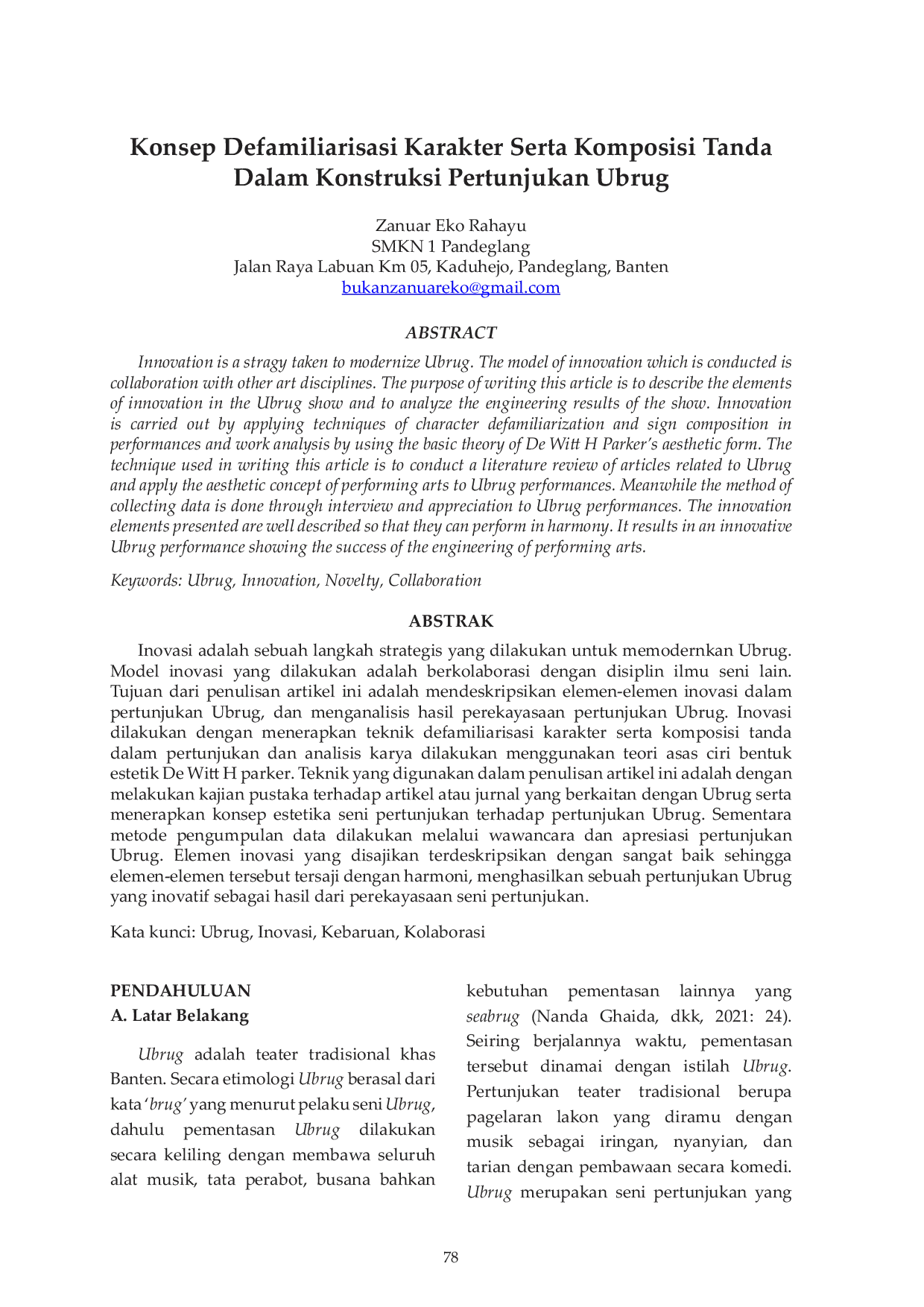 JURIS Konsep Defamiliarisasi Karakter Serta Komposisi Tanda Dalam Konstruksi Pertunjukan Ubrug