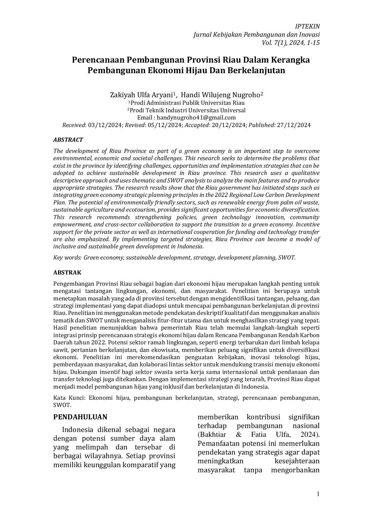 JURIS Perencanaan Pembangunan Provinsi Riau Dalam Kerangka Pembangunan Ekonomi Hijau Dan Berkelanjutan
