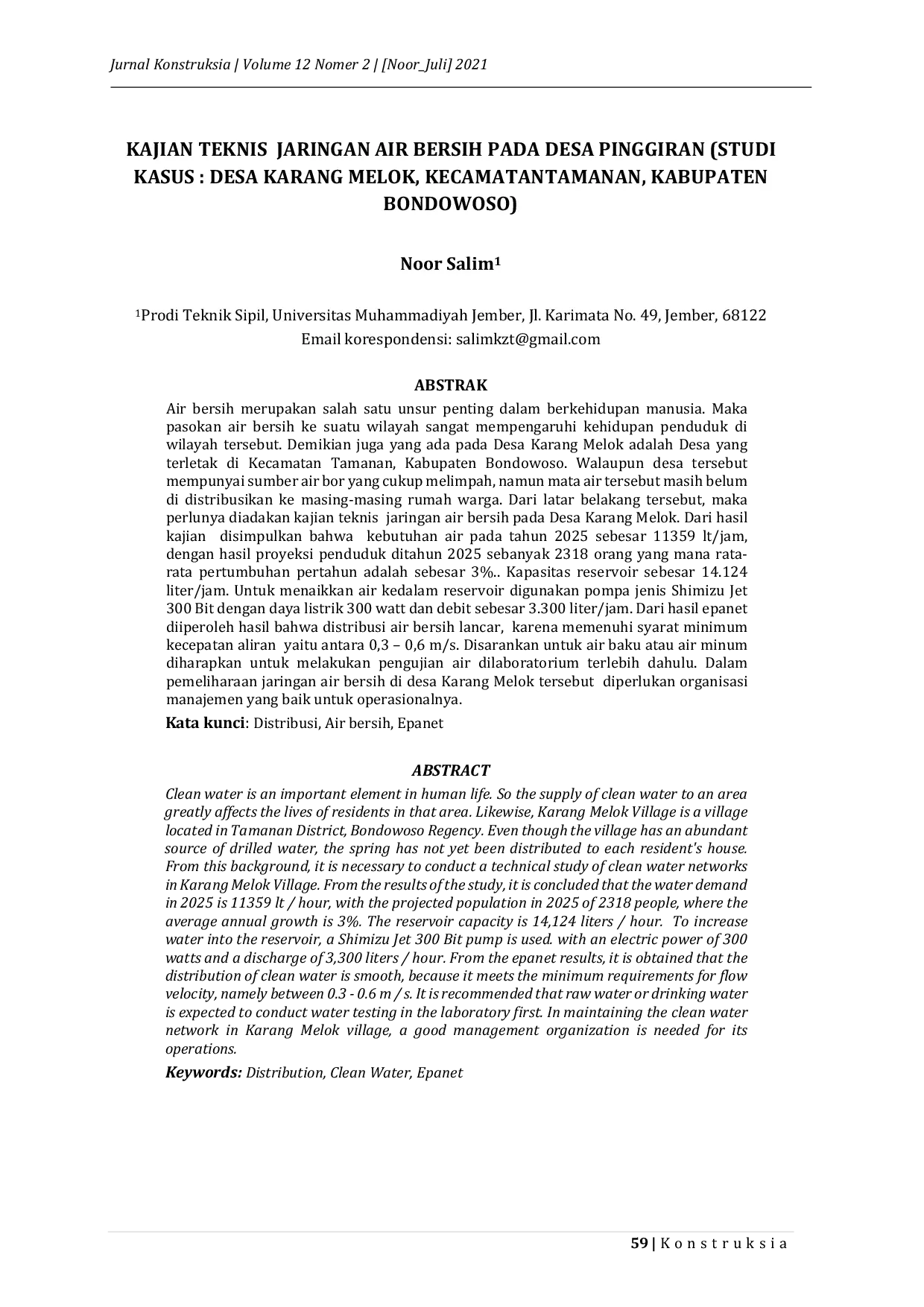 JURIS KAJIAN TEKNIS JARINGAN AIR BERSIH PADA DESA PINGGIRAN STUDI KASUS DESA KARANG MELOK KECAMATAN TAMANAN KABUPATEN BONDOWOSO