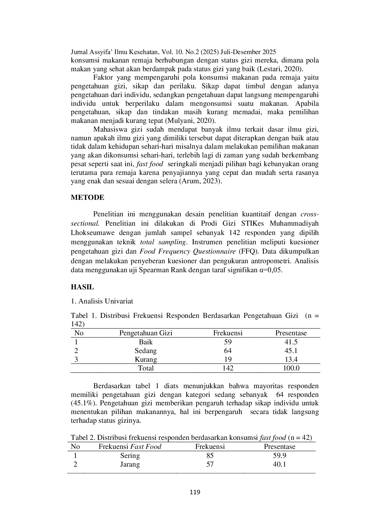 JURIS Pengetahuan gizi dan frekuensi konsumsi fast food dengan status gizi pada mahasiswa