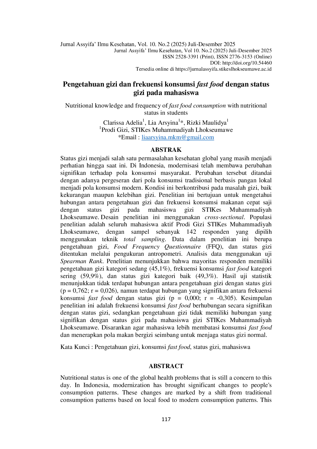 JURIS Pengetahuan gizi dan frekuensi konsumsi fast food dengan status gizi pada mahasiswa