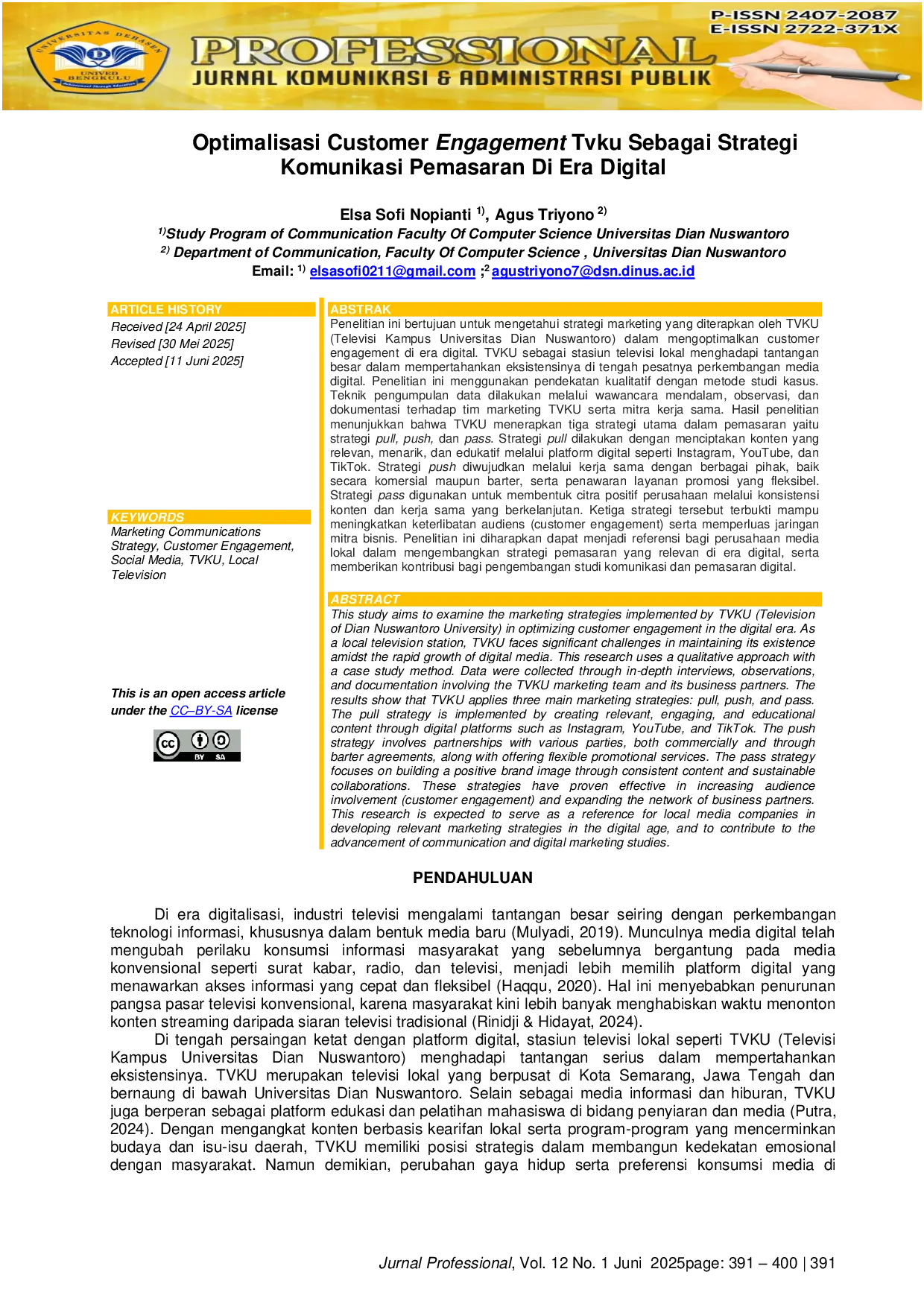 JURIS Optimalisasi Customer Engagement Tvku Sebagai Strategi Komunikasi Pemasaran Di Era Digital