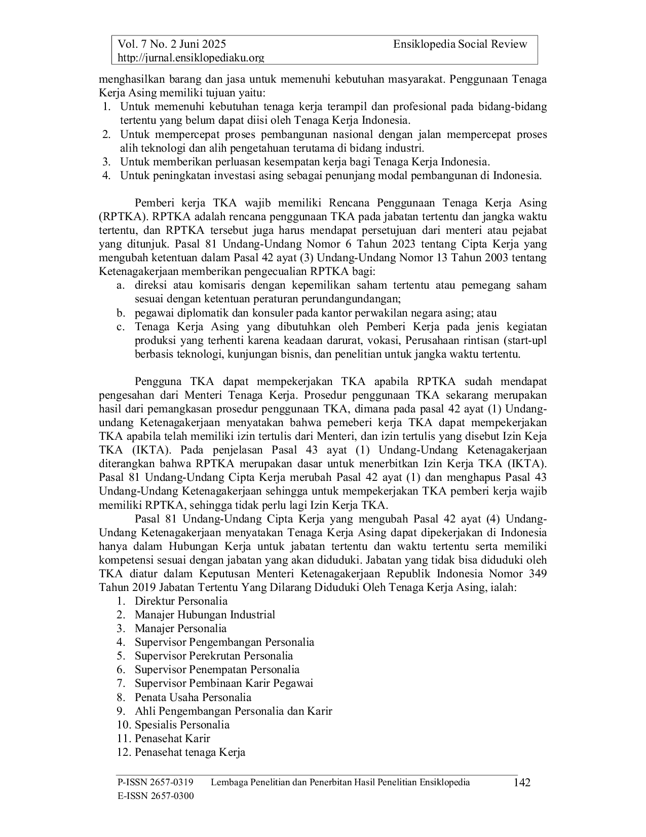 JURIS Penggunaan Tenaga Kerja Asing Terhadap Perlindungan Hak Atas Pekerjaan Bagi Pekerja Indonesia