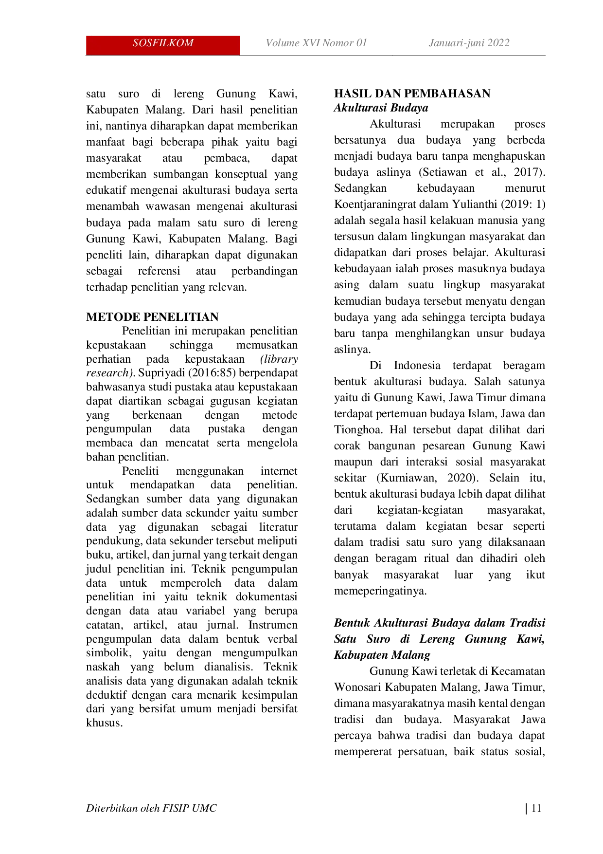 JURIS Akulturasi Budaya Dalam Tradisi Satu Suro Di Lereng Gunung Kawi Kabupaten Malang