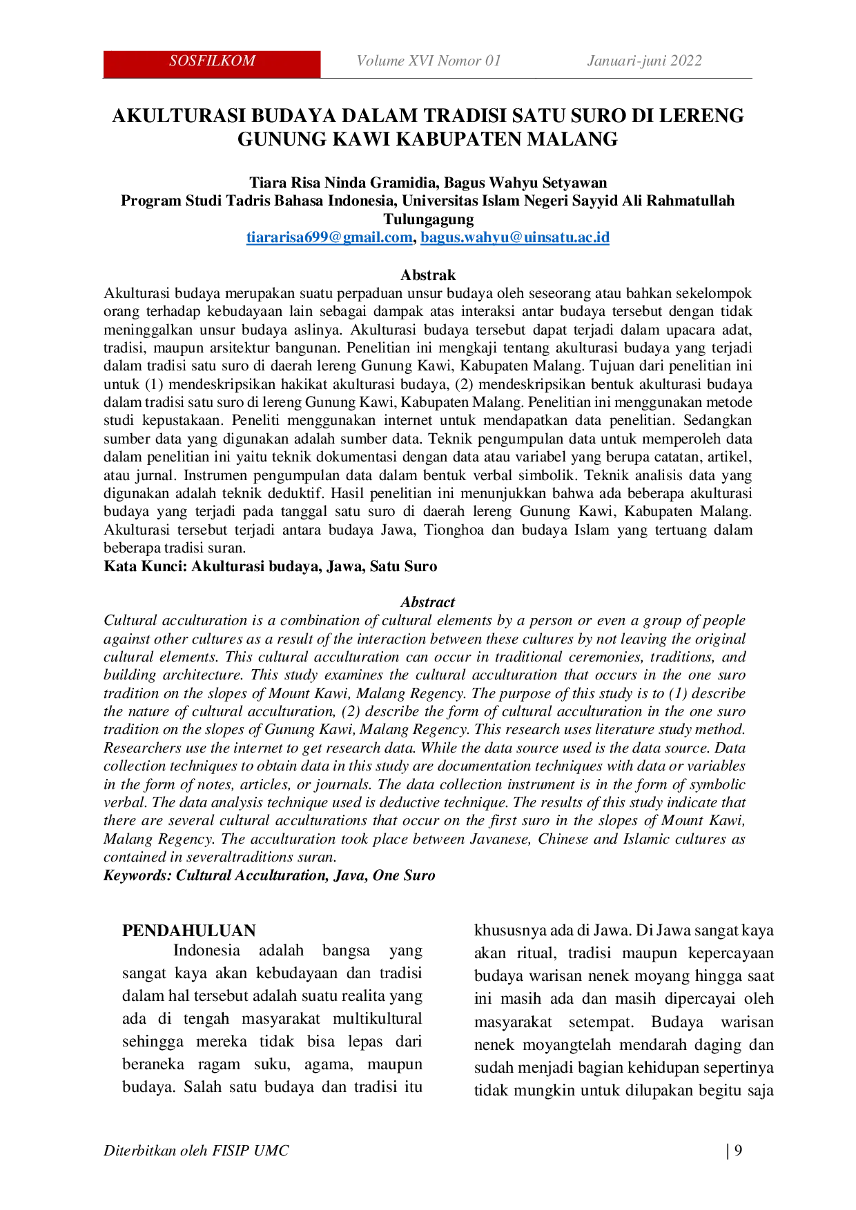 JURIS Akulturasi Budaya Dalam Tradisi Satu Suro Di Lereng Gunung Kawi Kabupaten Malang