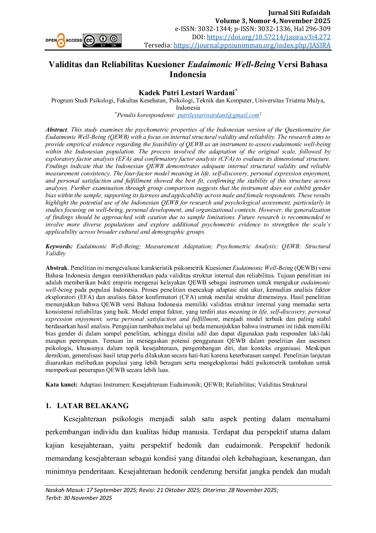 JURIS Validitas dan Reliabilitas Kuesioner Eudaimonic Well Being Versi Bahasa Indonesia
