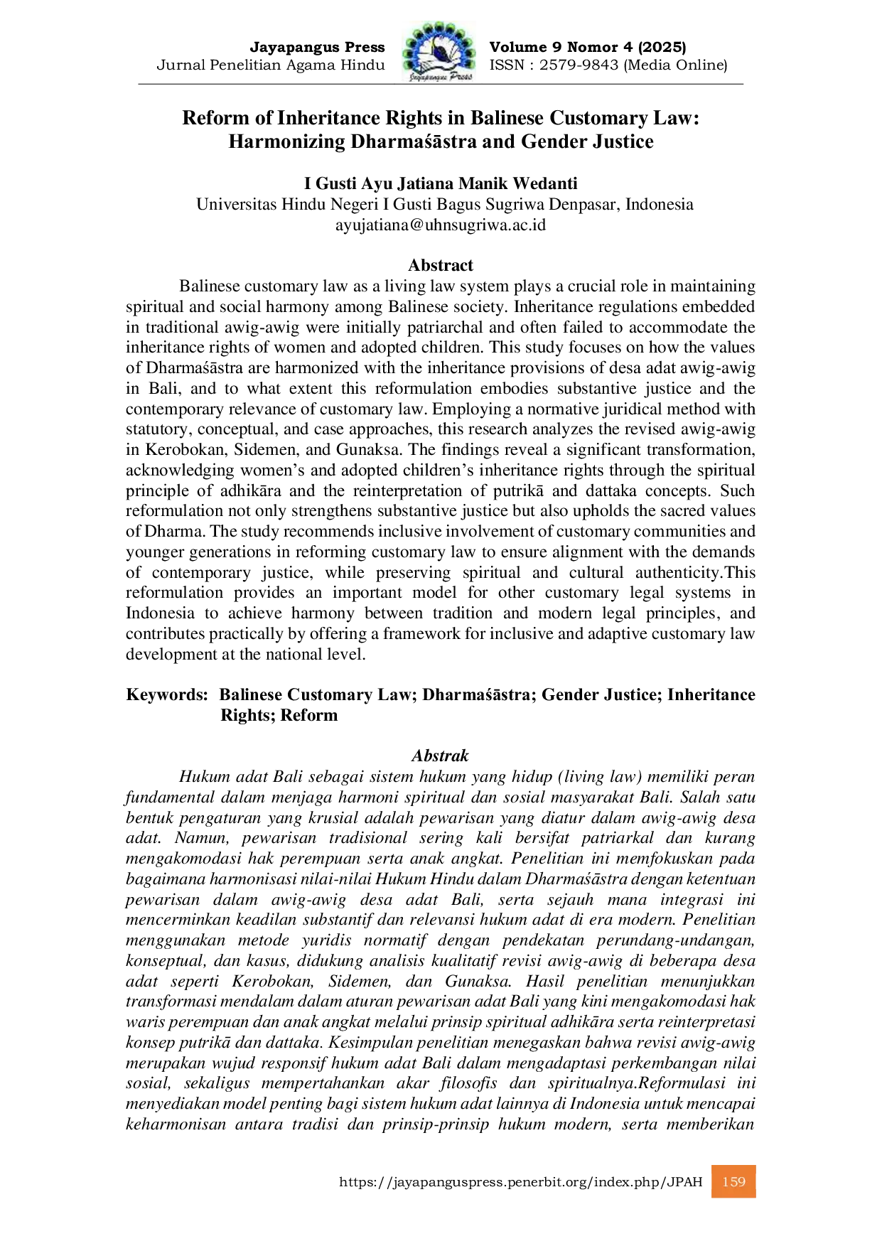 JURIS Reform of Inheritance Rights in Balinese Customary Law Harmonizing DharmauAstra and Gender Justice