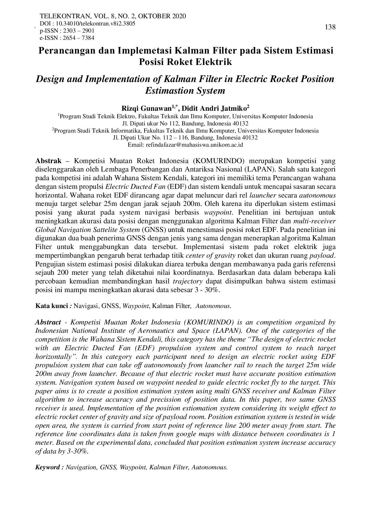 JURIS Perancangan Dan Implemetasi Kalman Filter pada Sistem Estimasi Posisi Roket Elektrik