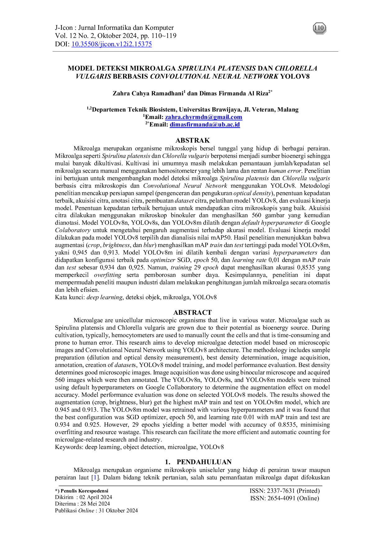 JURIS Detection Model of Microalgae Spirulina platensis and Chlorella vulgaris Based on Convolutional Neural Network YOLOv8