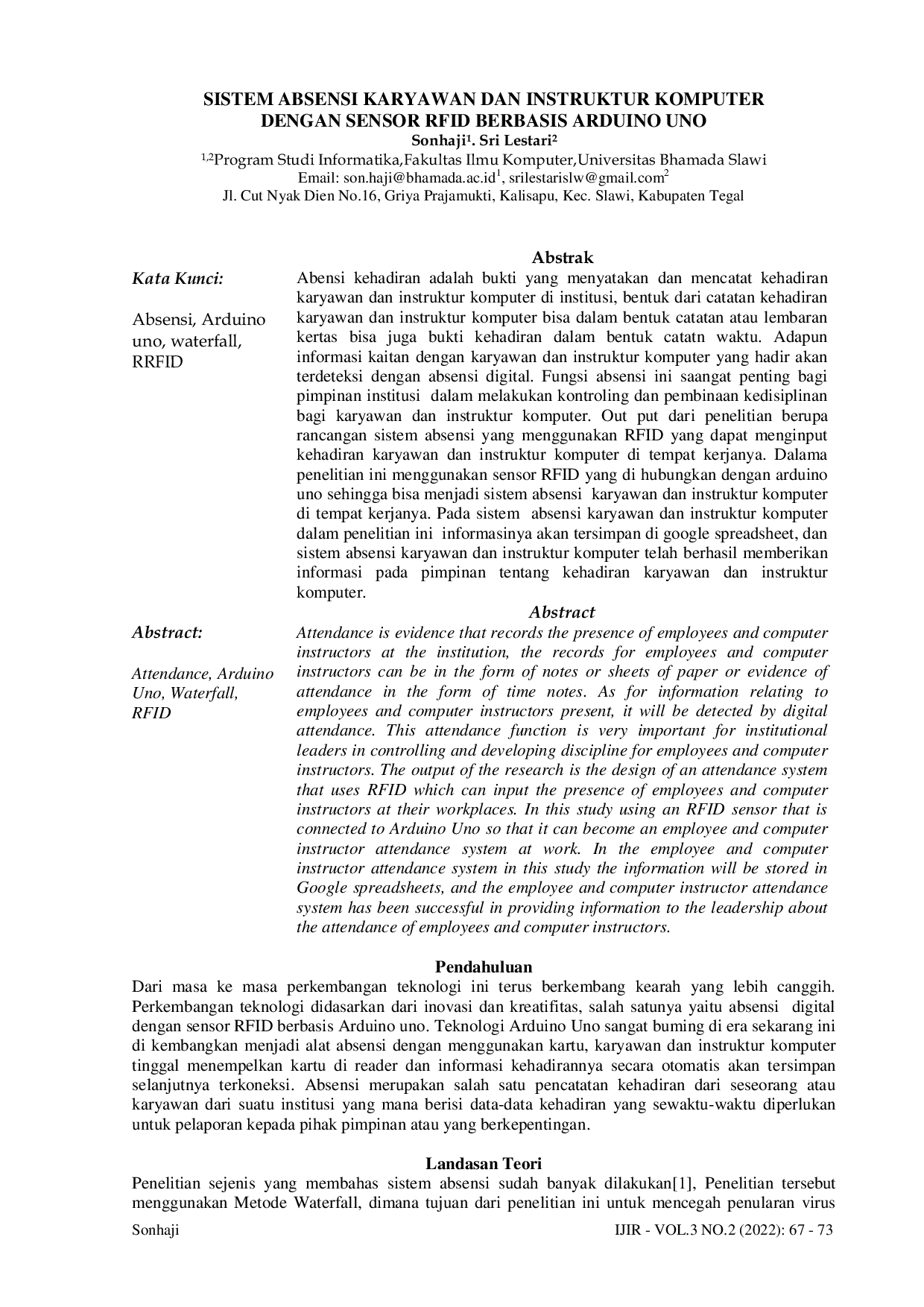JURIS Sistem Absensi Karyawan dan Instruktur Komputer dengan Sensor RFID Berbasis Arduino Uno