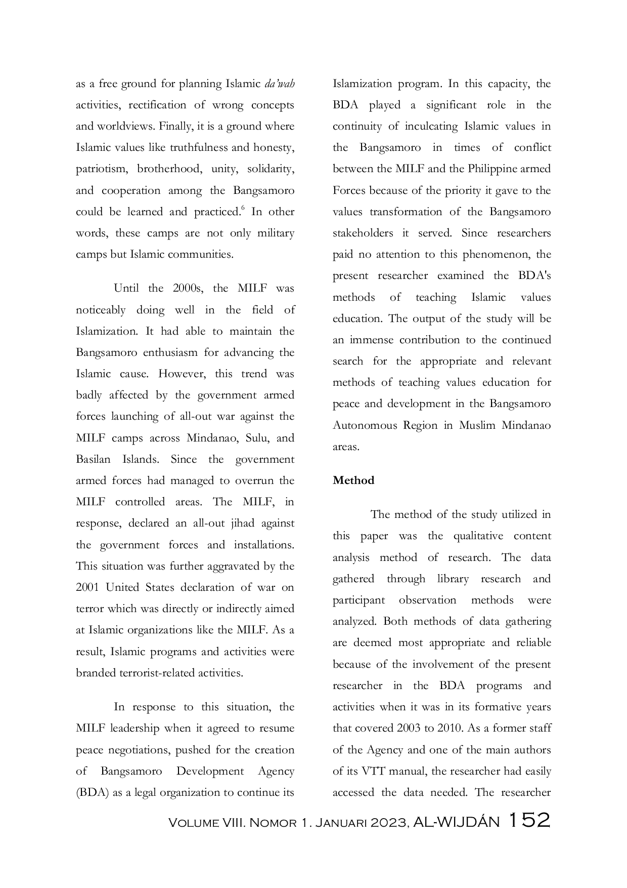 JURIS Methods Of Teaching Islamic Values Education Amid Conflict Situation The Case Of Bangsamoro Development Agency BDA In Mindanao