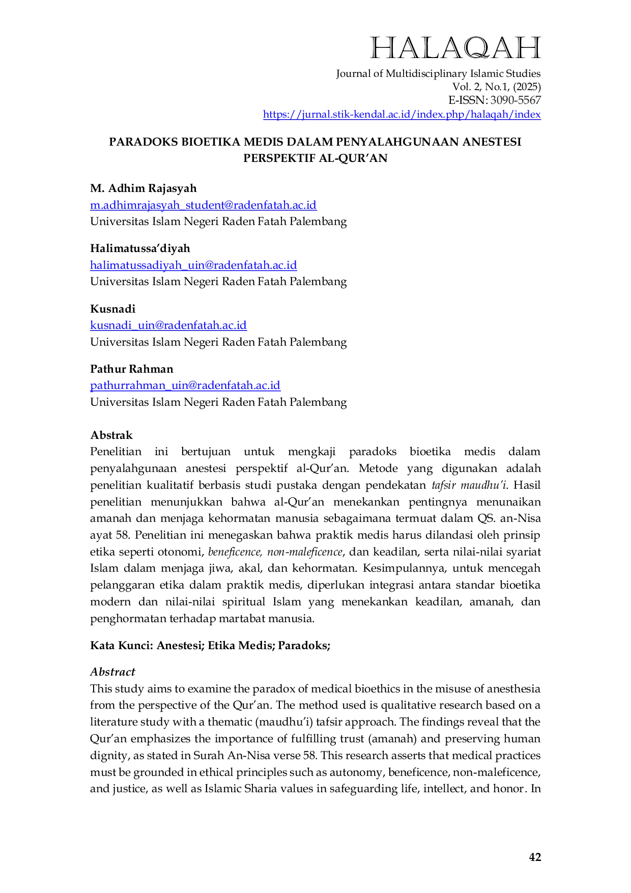 JURIS Paradoks Bioetika Medis Dalam Penyalahgunaan Anestesi Perspektif Al Qur an