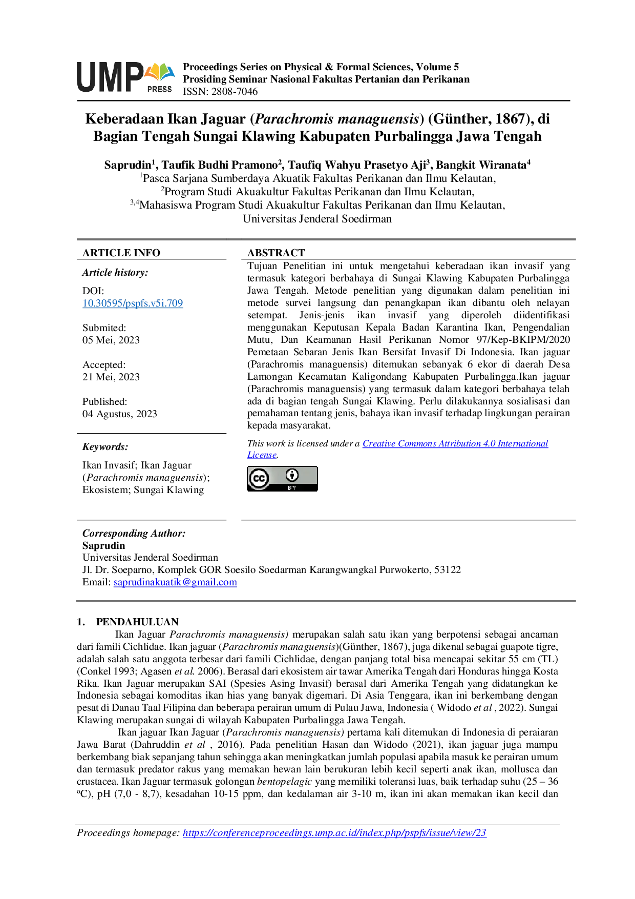 JURIS Keberadaan Ikan Jaguar Parachromis managuensis G nther 1867 di Bagian Tengah Sungai Klawing Kabupaten Purbalingga Jawa Tengah