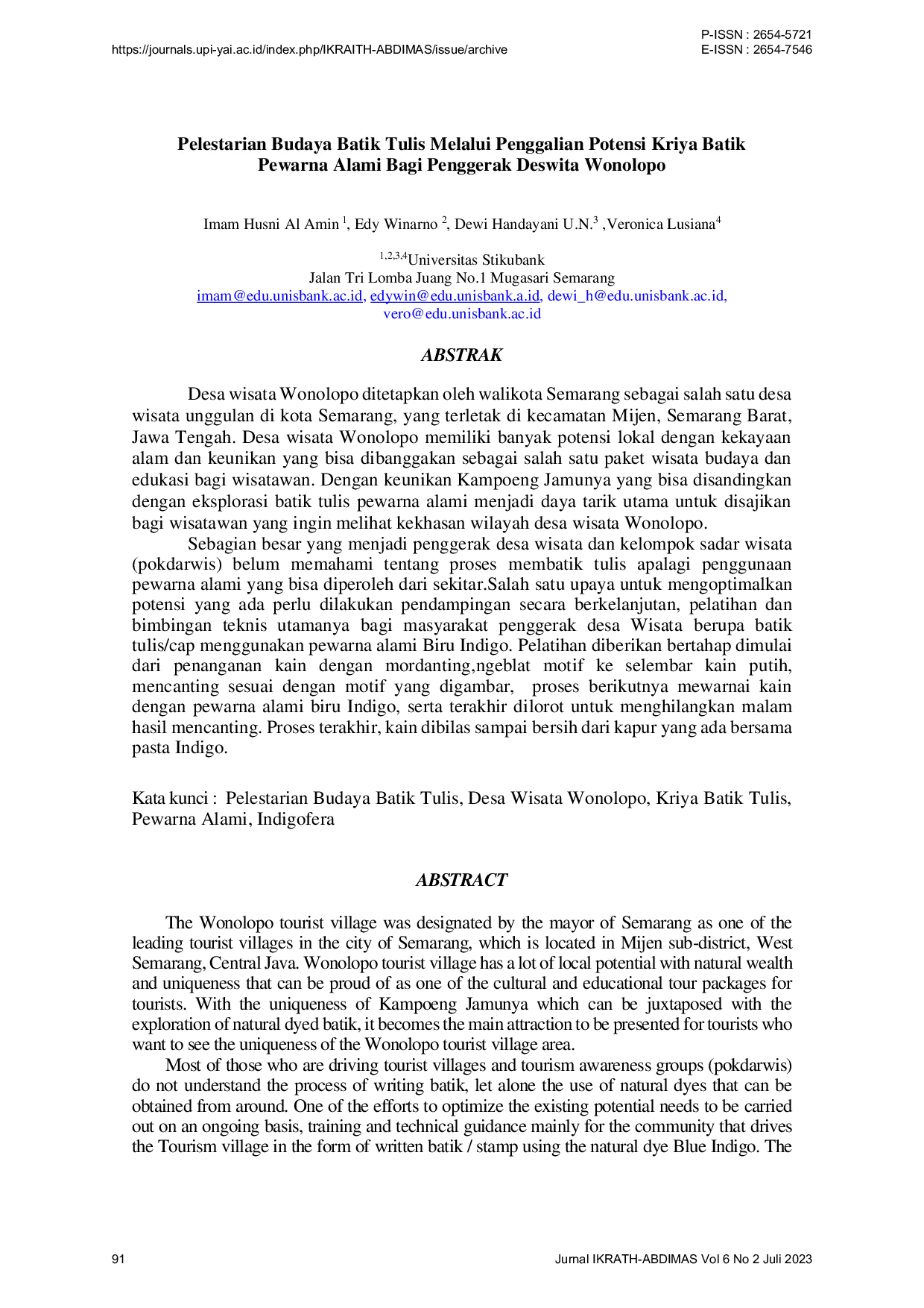 JURIS Pelestarian Budaya Batik Tulis Melalui Penggalian Potensi Kriya Batik Pewarna Alami Bagi Penggerak Deswita Wonolopo
