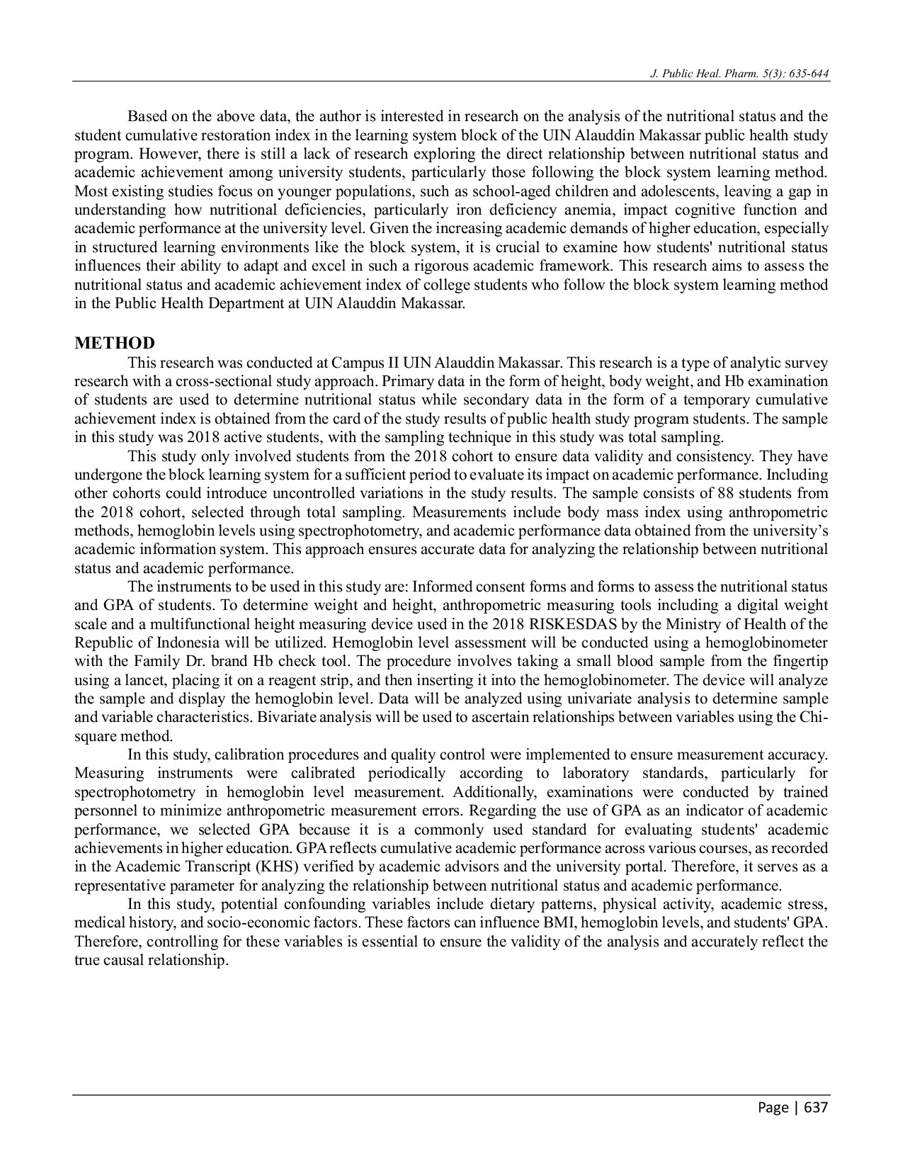 JURIS Body Mass Index Hemoglobin Levels and Grade Point Average for Public Health Students Cross Sectional Study
