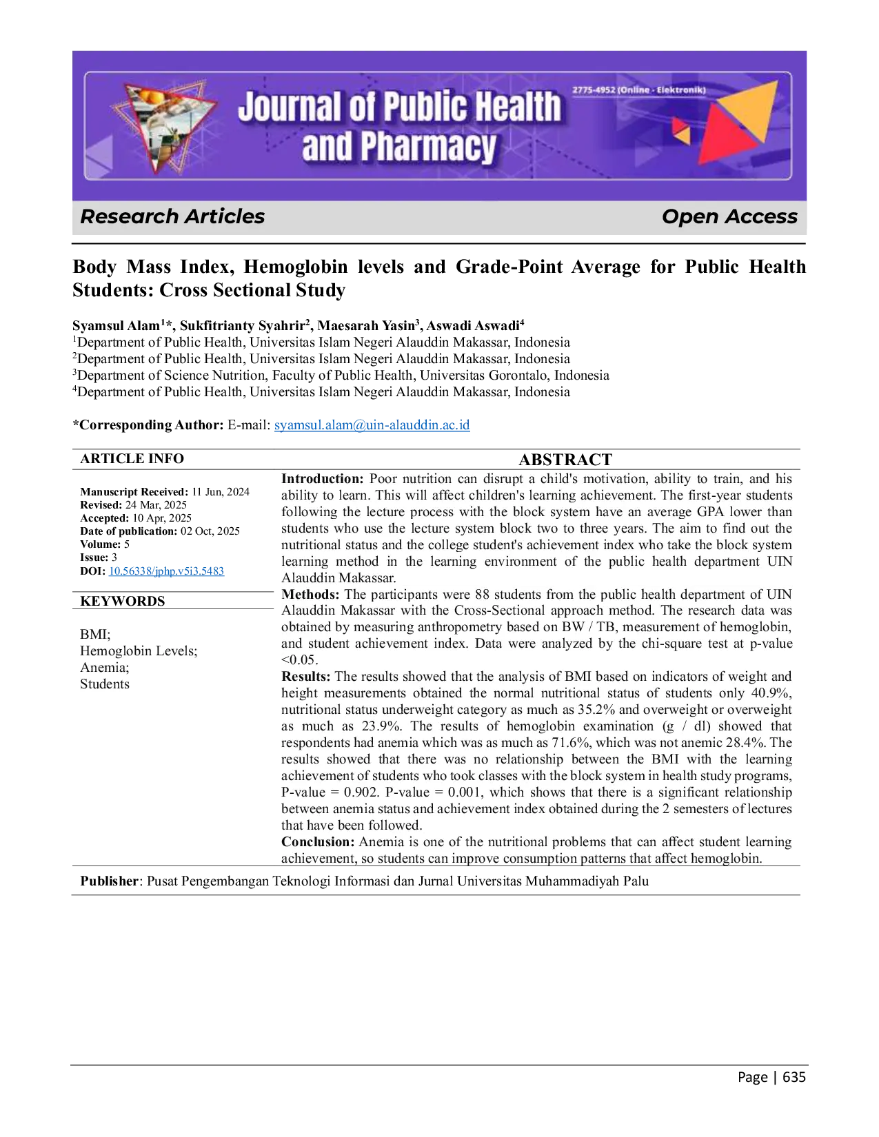 JURIS Body Mass Index Hemoglobin Levels and Grade Point Average for Public Health Students Cross Sectional Study