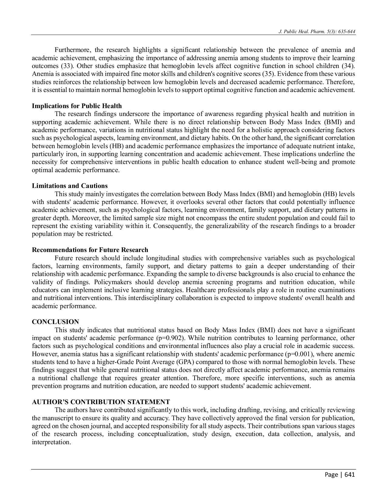 JURIS Body Mass Index Hemoglobin Levels and Grade Point Average for Public Health Students Cross Sectional Study
