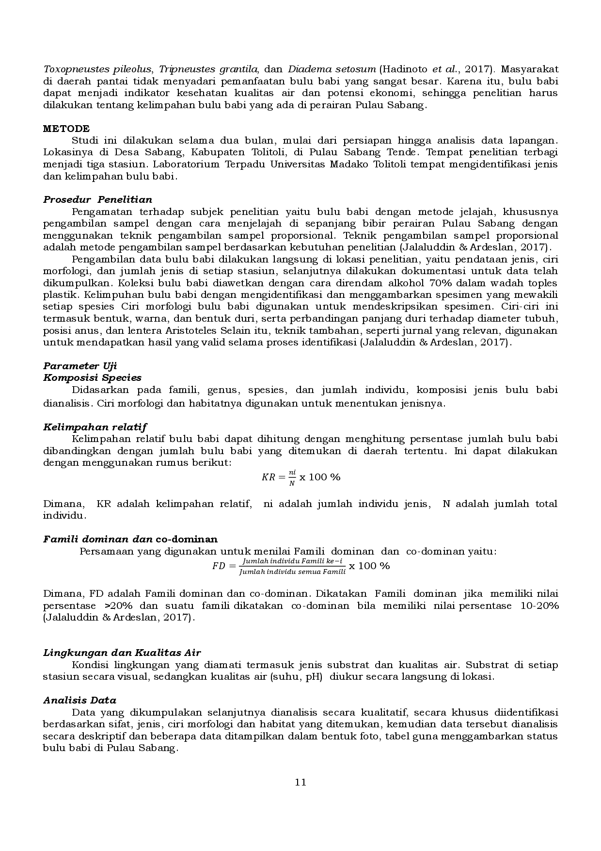 juris Kelimpahan Bulu Babi Di Perairan Pulau Sabang Kabupaten Tolitoli Sulawesi Tengah