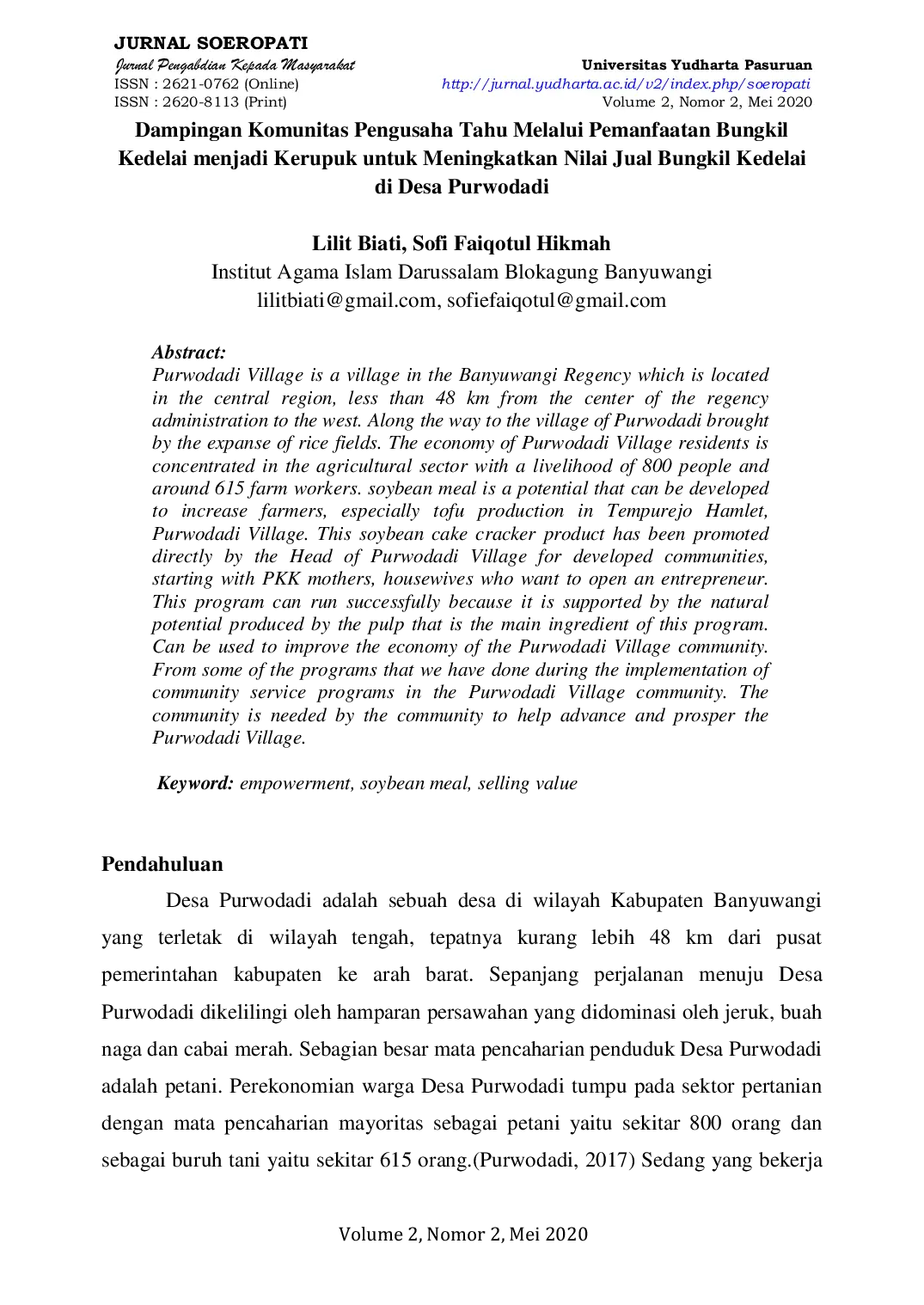 JURIS Dampingan Komunitas Pengusaha Tahu Melalui Pemanfaatan Bungkil Kedelai menjadi Kerupuk untuk Meningkatkan Nilai Jual Bungkil Kedelai di Desa Purwodadi