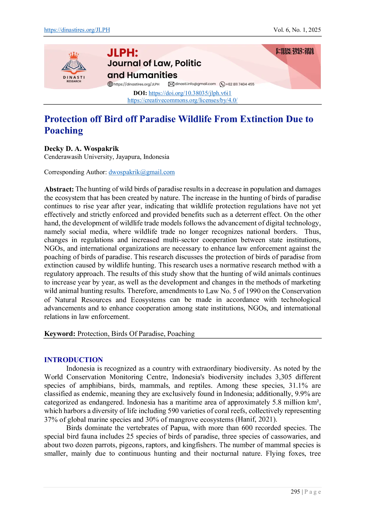 JURIS Protection off Bird off Paradise Wildlife From Extinction Due to Poaching
