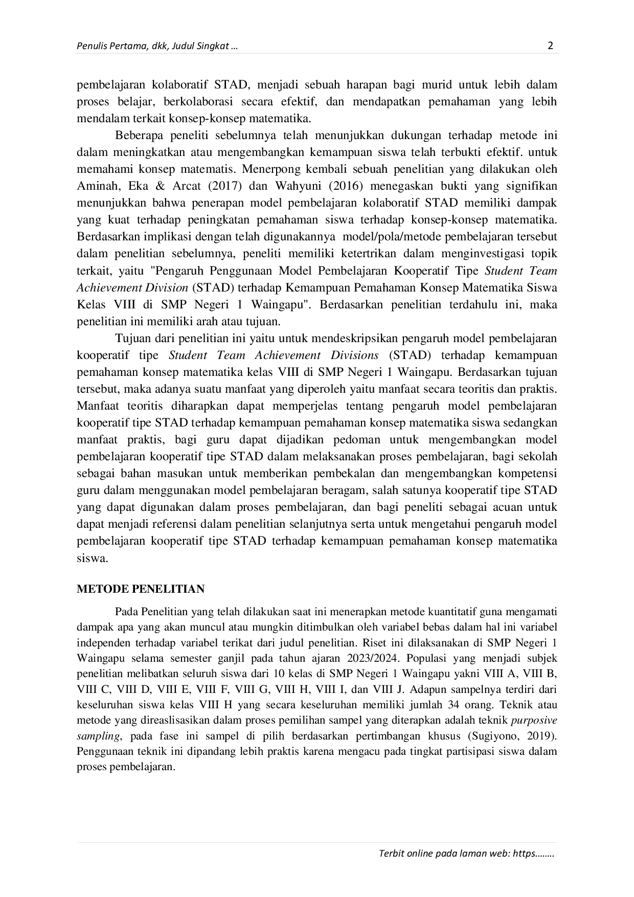 JURIS Pengaruh Model Pembelajaran Kooperatif Tipe Student Team Acievement Division STAD Terhadap Kemampuan Pemahaman Konsep Matematika Siswa Kelas VIII di SMP Negeri 1 Waingapu