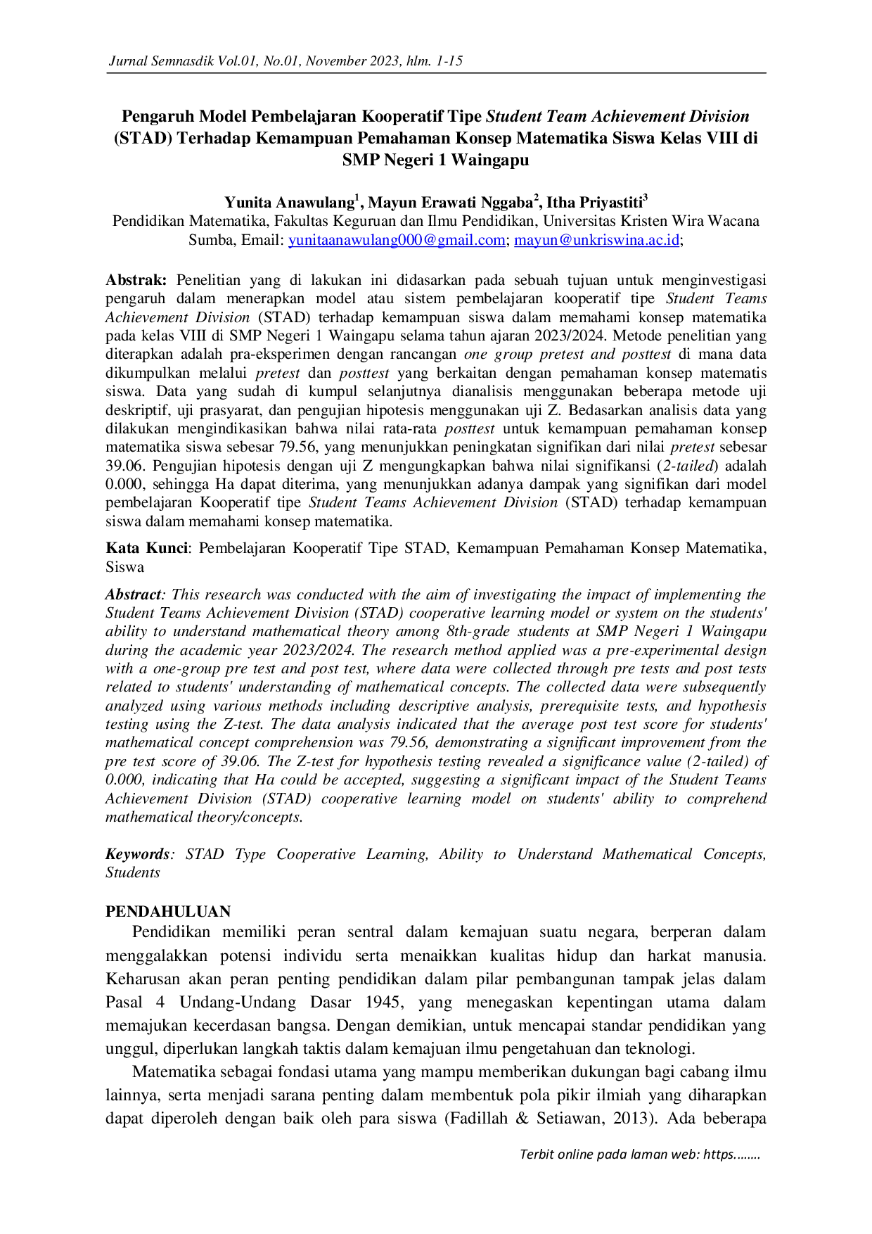 JURIS Pengaruh Model Pembelajaran Kooperatif Tipe Student Team Acievement Division STAD Terhadap Kemampuan Pemahaman Konsep Matematika Siswa Kelas VIII di SMP Negeri 1 Waingapu