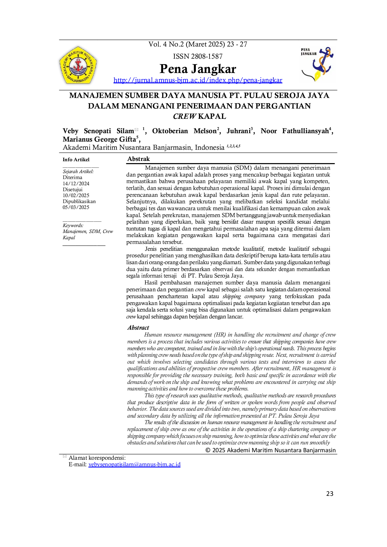 JURIS Manajemen Sumber Daya Manusia PT Pulau Seroja Jaya dalam Menangani Penerimaan dan Pergantian Crew Kapal