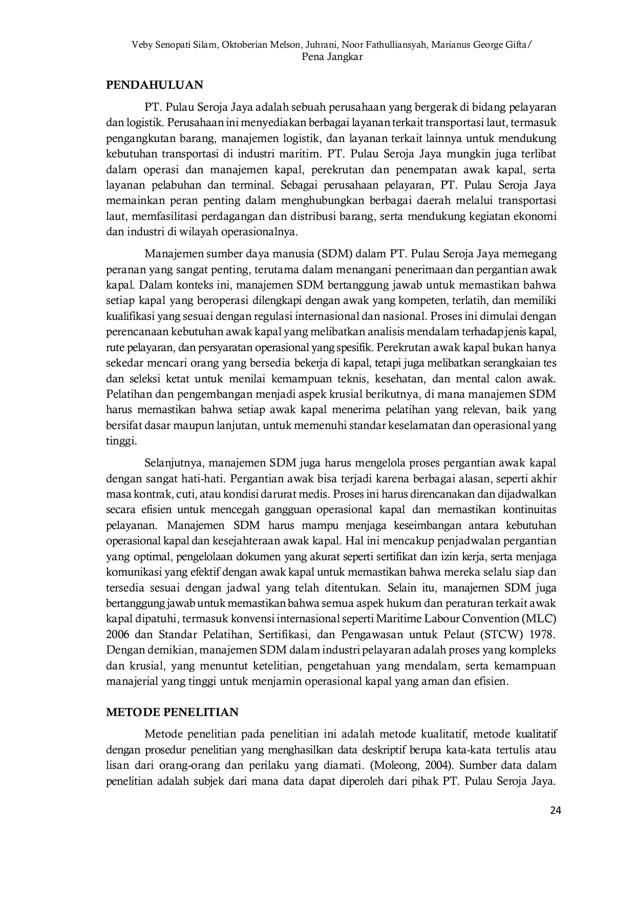 JURIS Manajemen Sumber Daya Manusia PT Pulau Seroja Jaya dalam Menangani Penerimaan dan Pergantian Crew Kapal