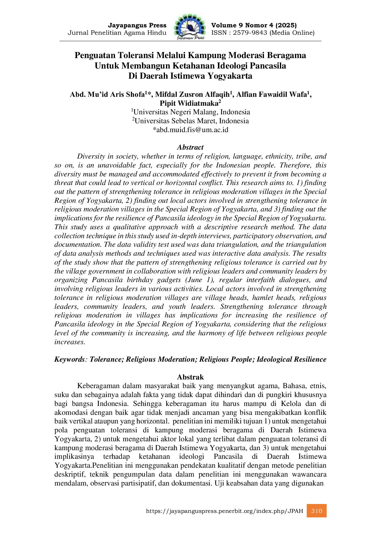 JURIS Penguatan Toleransi Melalui Kampung Moderasi Beragama Untuk Membangun Ketahanan Ideologi Pancasila Di Daerah Istimewa Yogyakarta