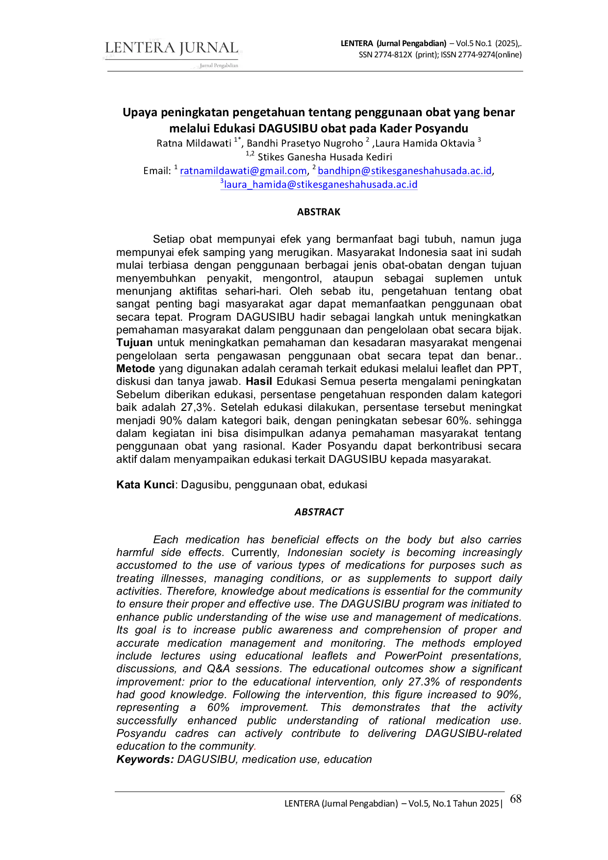 JURIS Upaya Peningkatan Pengetahuan Tentang Penggunaan Obat Yang Benar Melalui Edukasi Dagusibu Obat Pada Kader Posyandu