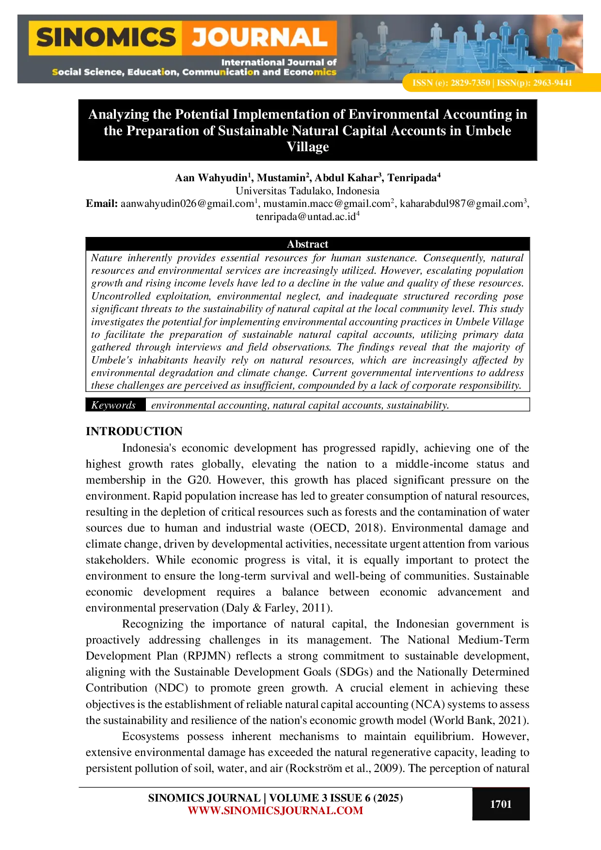 JURIS Analyzing the Potential Implementation of Environmental Accounting in the Preparation of Sustainable Natural Capital Accounts in Umbele Village