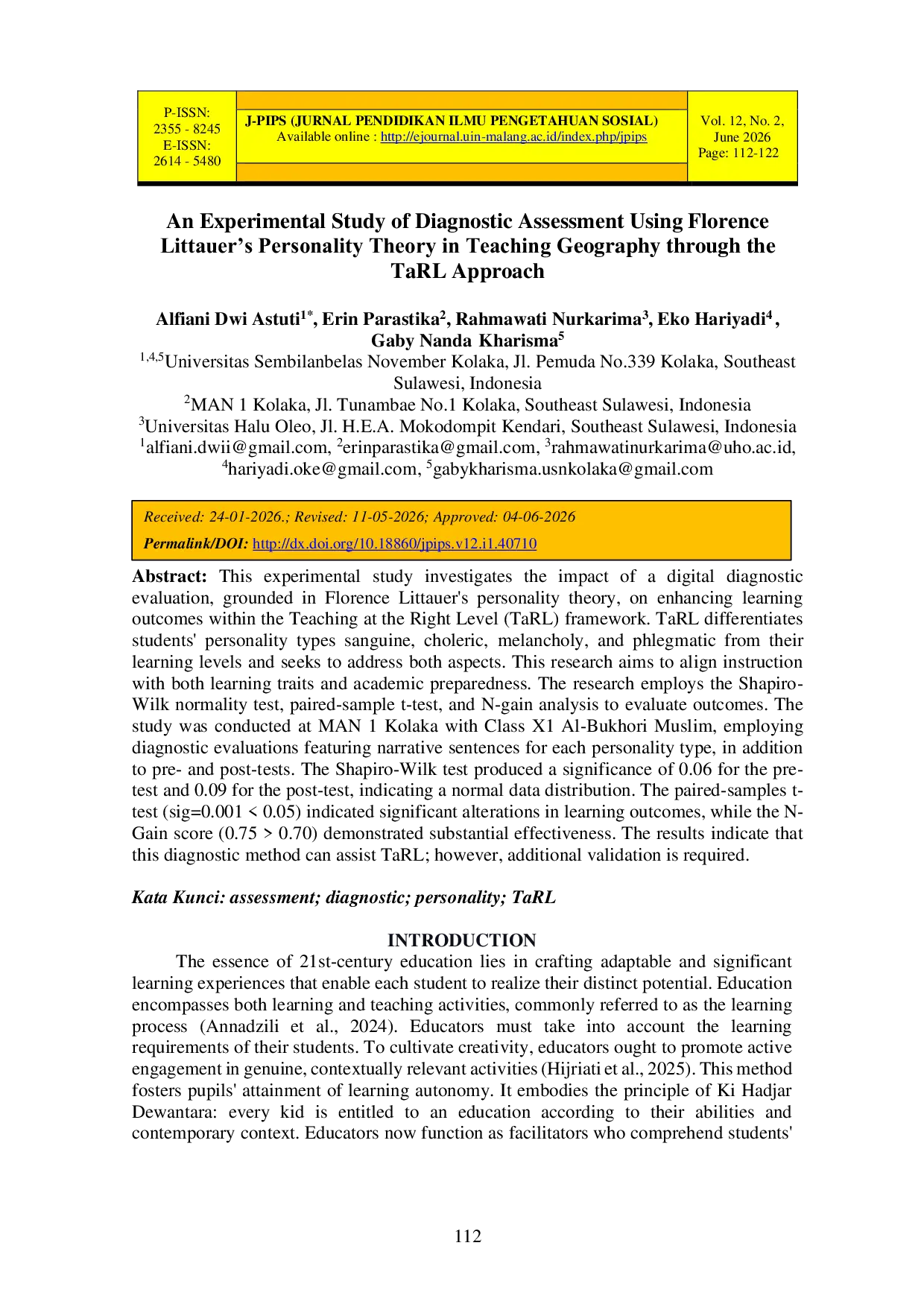 JURIS An Experimental Study of Diagnostic Assessment Using Florence Littauer s Personality Theory in Teaching Geography through the TaRL Approach