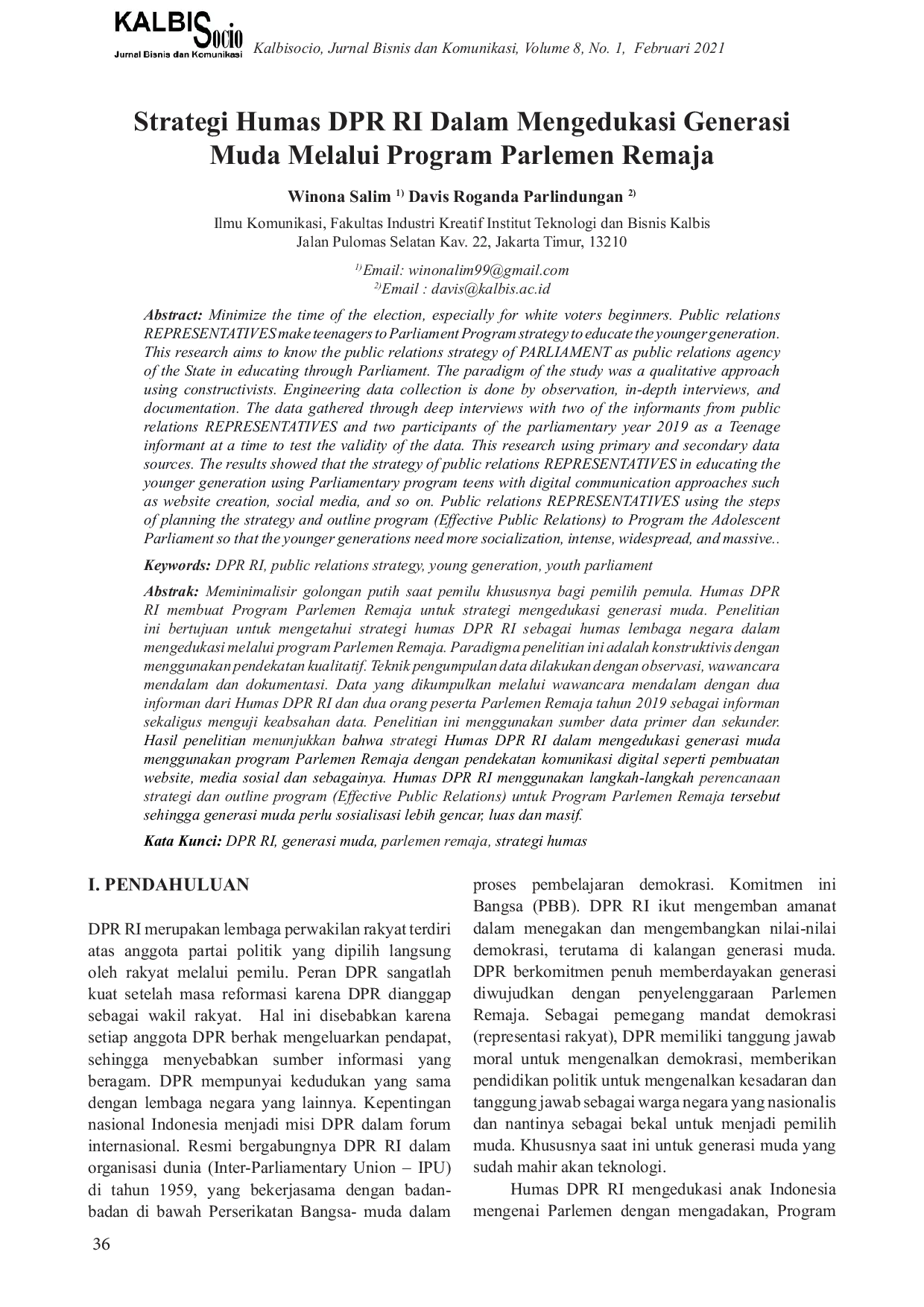 JURIS Strategi Humas DPR RI Dalam Mengedukasi Generasi Muda Melalui Program Parlemen Remaja