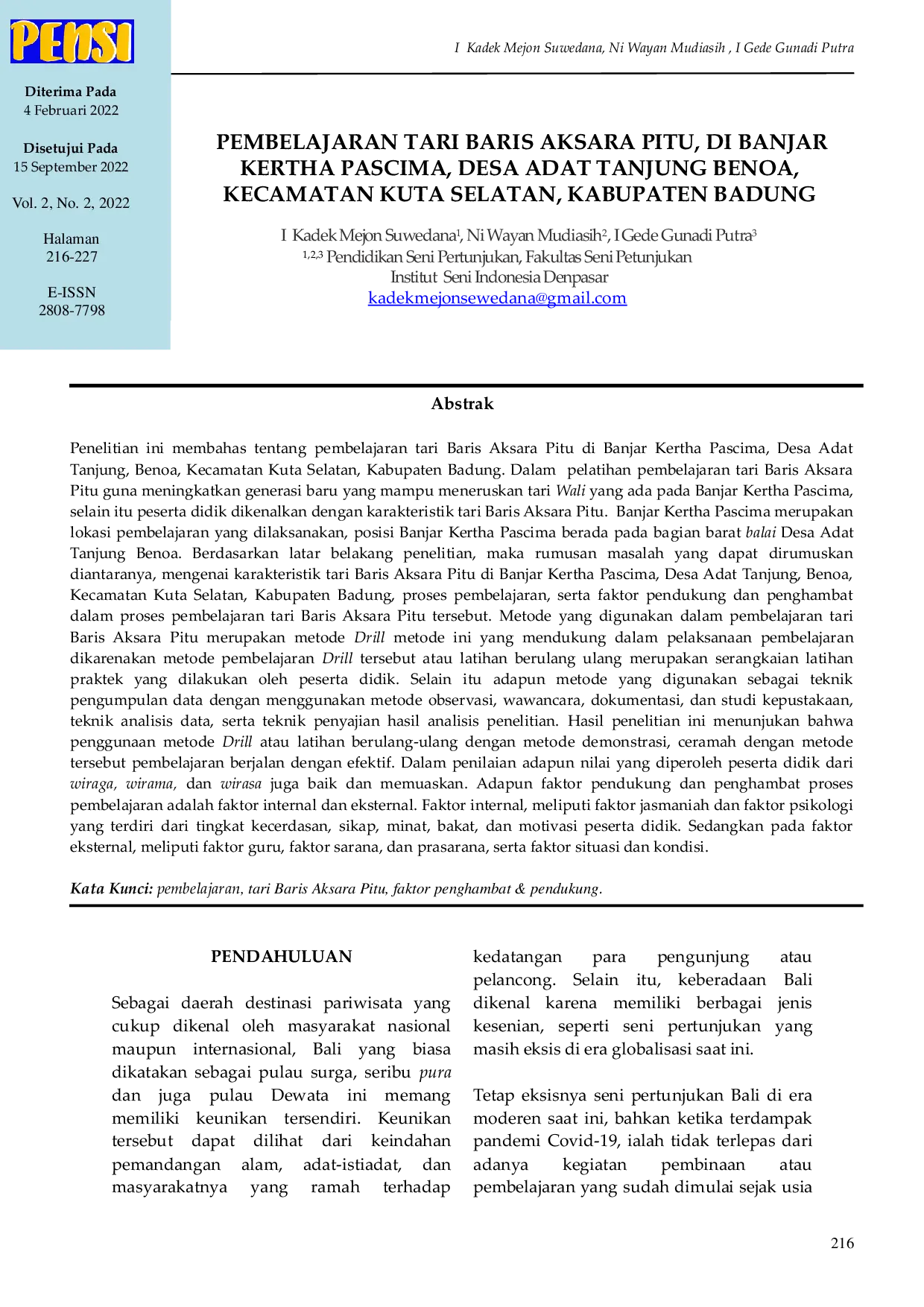 JURIS Pembelajaran Tari Baris Aksara Pitu di Banjar Kertha Pascima Desa Adat Tanjung Benoa Kecamatan Kuta Selatan Kabupaten Badung