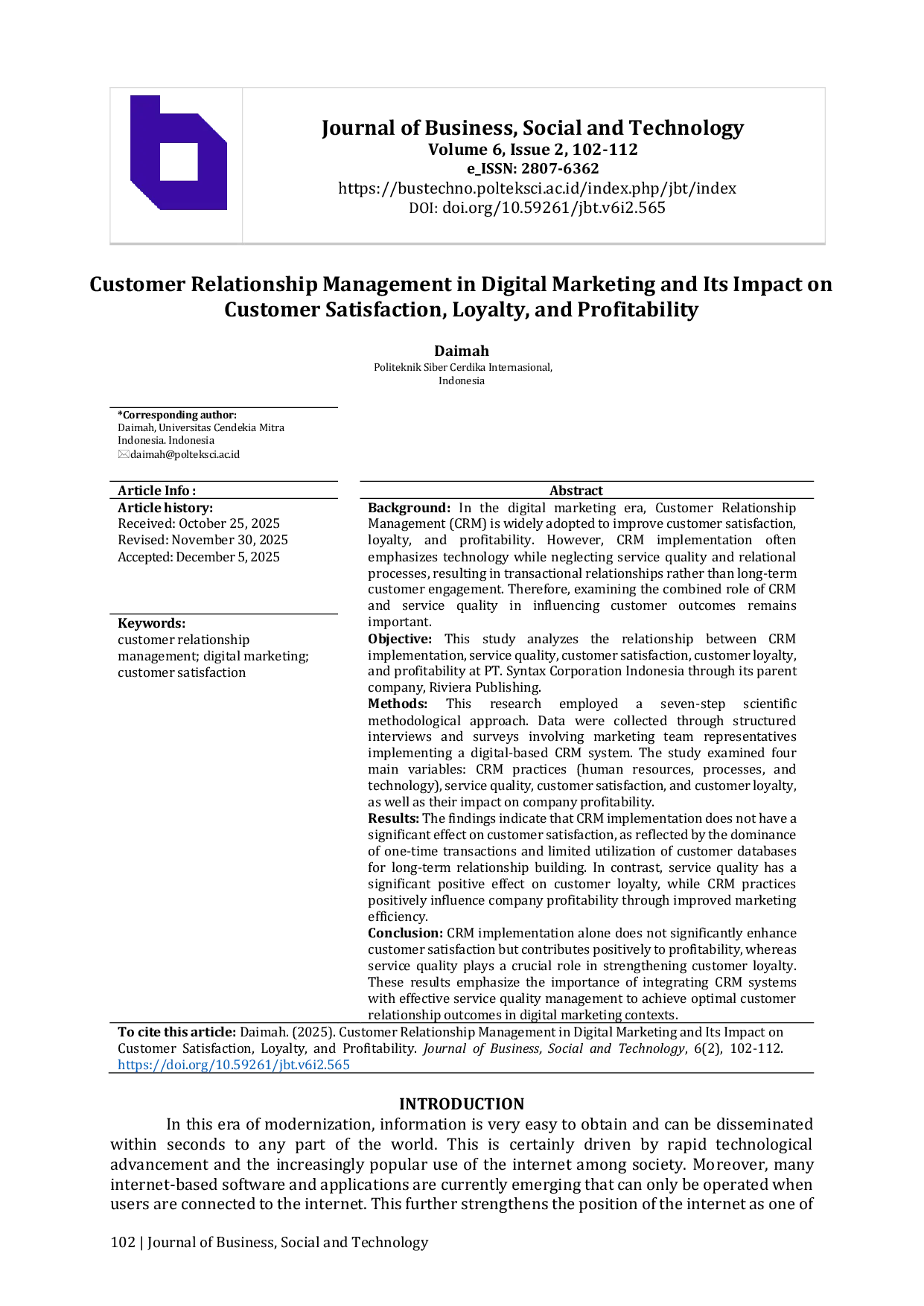JURIS Customer Relationship Management in Digital Marketing and Its Impact on Customer Satisfaction Loyalty and Profitability