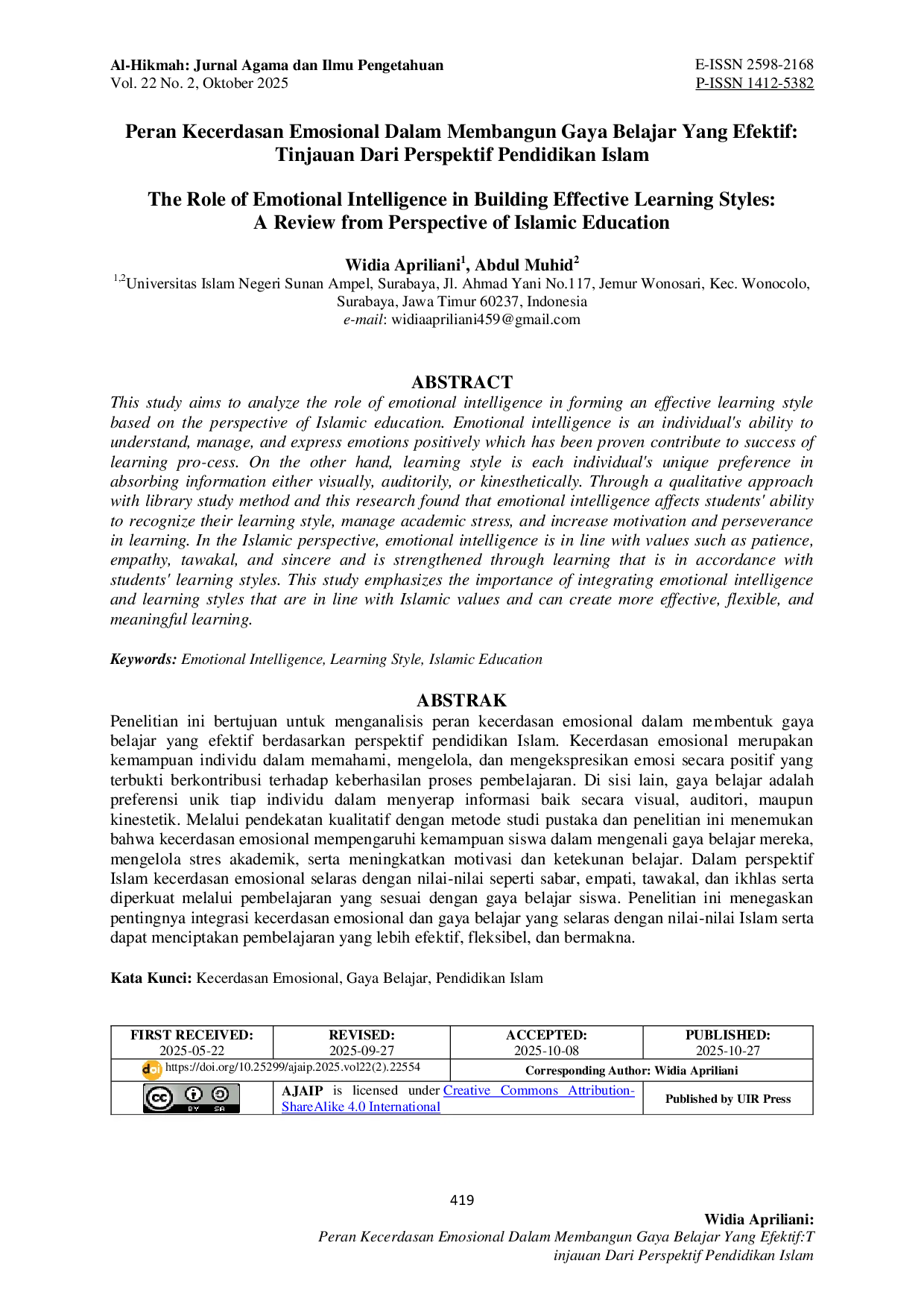 JURIS Peran Kecerdasan Emosional Dalam Membangun Gaya Belajar Yang Efektif Tinjauan Dari Perspektif Pendidikan Islam